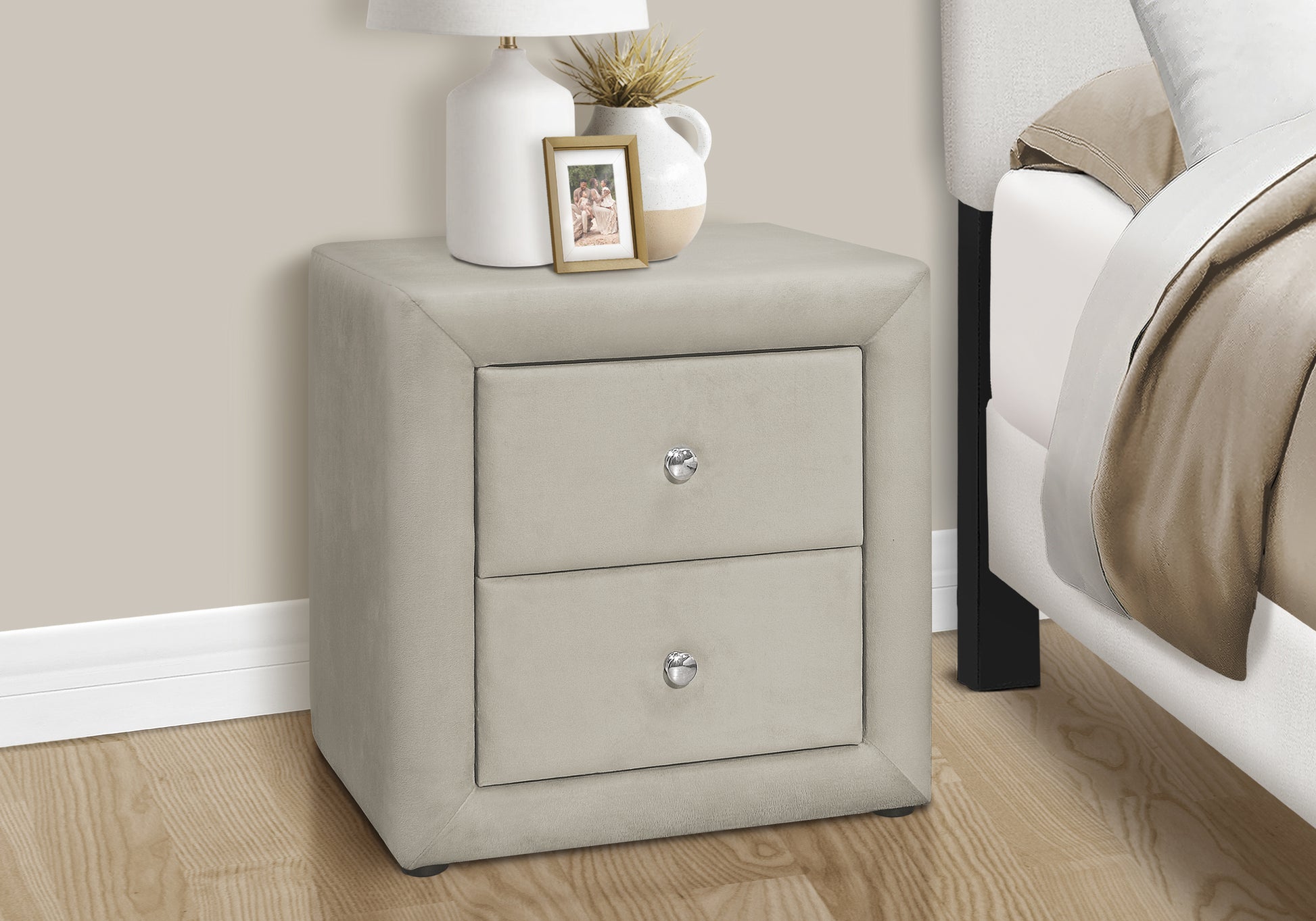 Nightstand, Nightstand, End, Side, Lamp, Storage Drawer, Bedroom, Upholstered, Grey Velvet, Transitional Light Grey Mdf