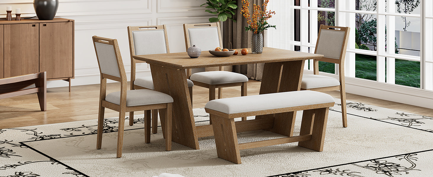 6 Piece Retro Dining Set, 1 Rectangular Table With Stable Trapezoidal Table Base And 4 Upholstered Chairs And 1 Bench For Dining Room And Kitchen Natural Wood Wash Natural Wood Wash Solid Wood Mdf