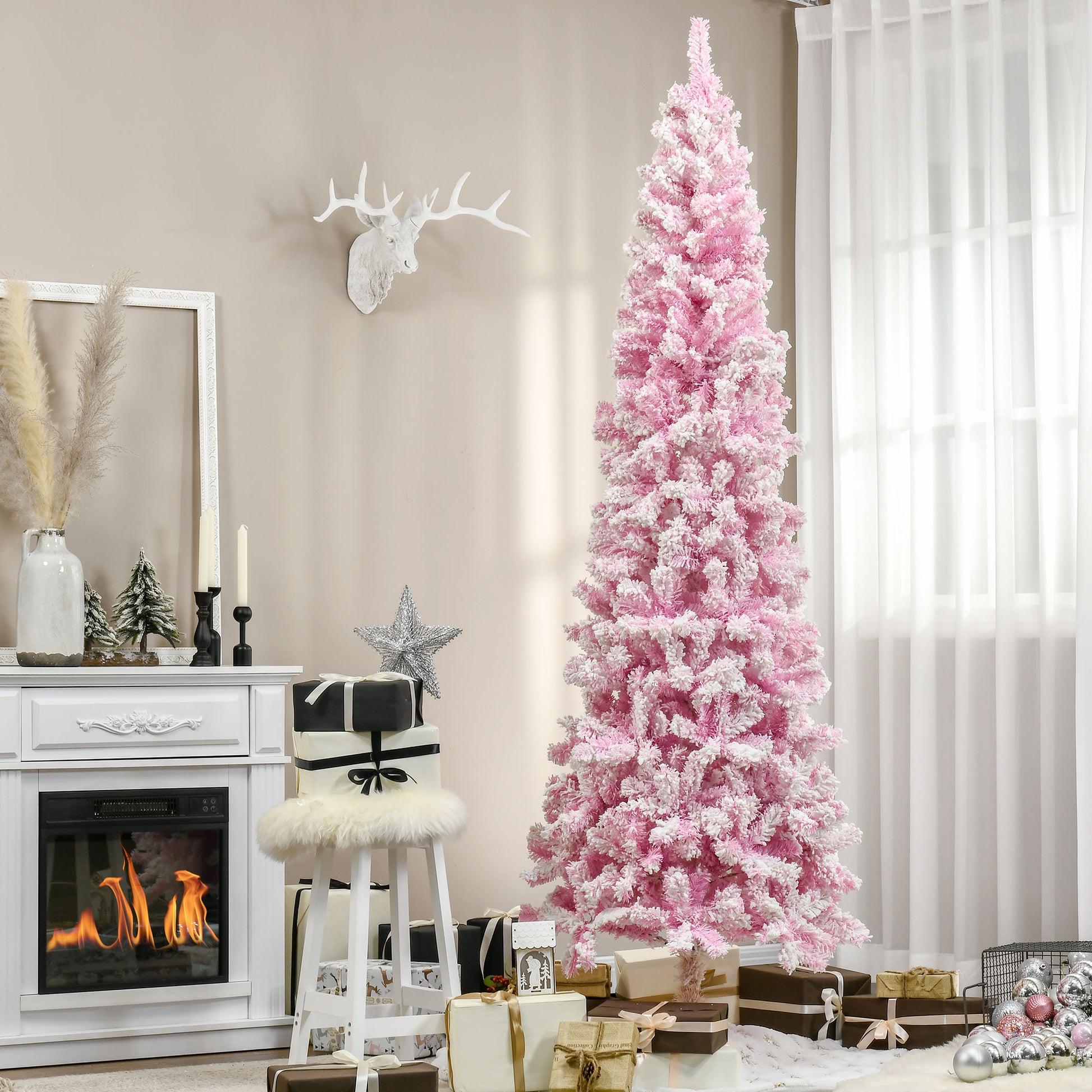 Homcom 7.5' Tall Unlit Snow Flocked Artificial Christmas Tree Slim Pencil Xmas Tree With Pine Shape And Realistic Branches, Pink Pink Plastic
