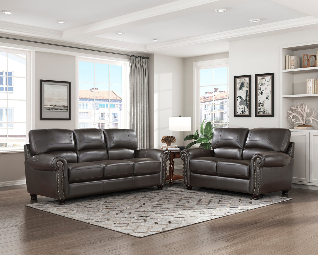 Traditional Living Room Furniture 2Pc Sofa Set Dark Brown Leather Sofa Loveseat Comfortable Plush Seating Rolled Arms Trim Classic Design Dark Brown Primary Living Space Classic,Traditional Rolled Arms Solid Wood 5 Seat