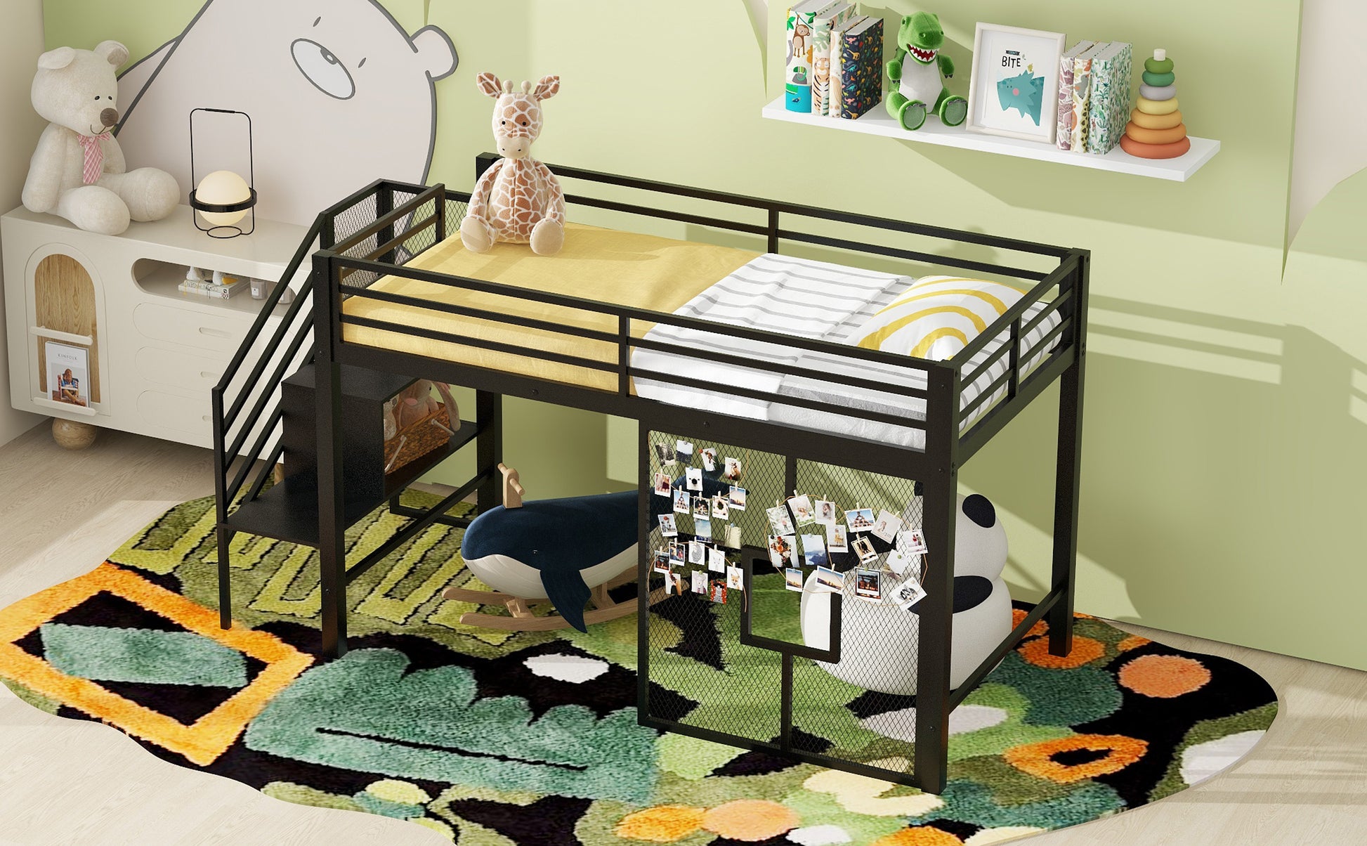 Twin Size Metal Low Loft Bed Frame With Storage Staircase And Iron Mesh,Black Expected Arrival Time:10.10 Black Metal