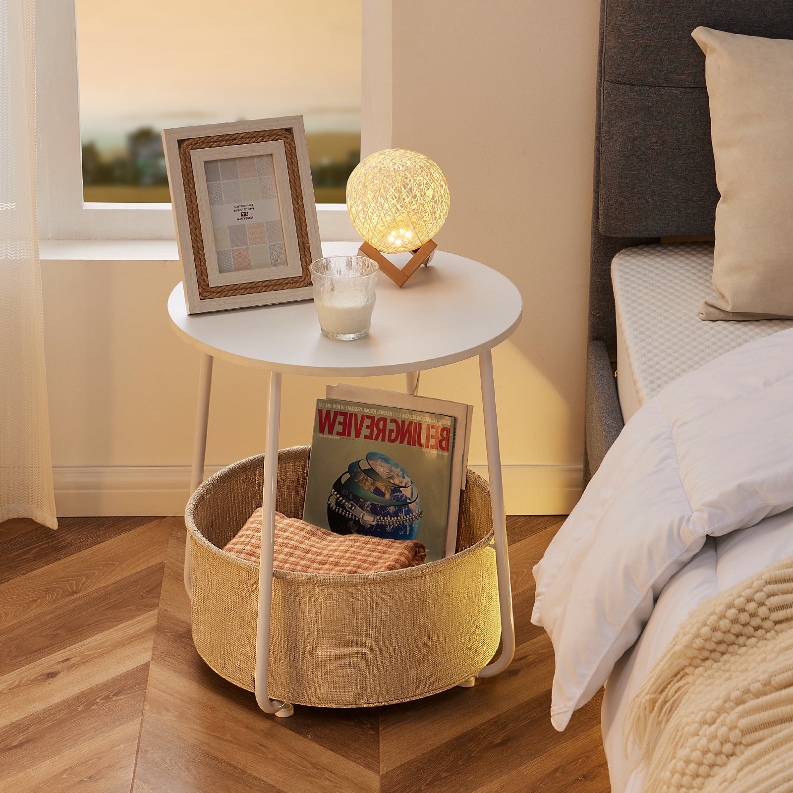 Small Round Side End Table For Living Room, Modern Nightstand Bedside Table With Fabric Basket For Bedroom Nursery, Side Table With Steel Frame White& Beige White Stainless Steel