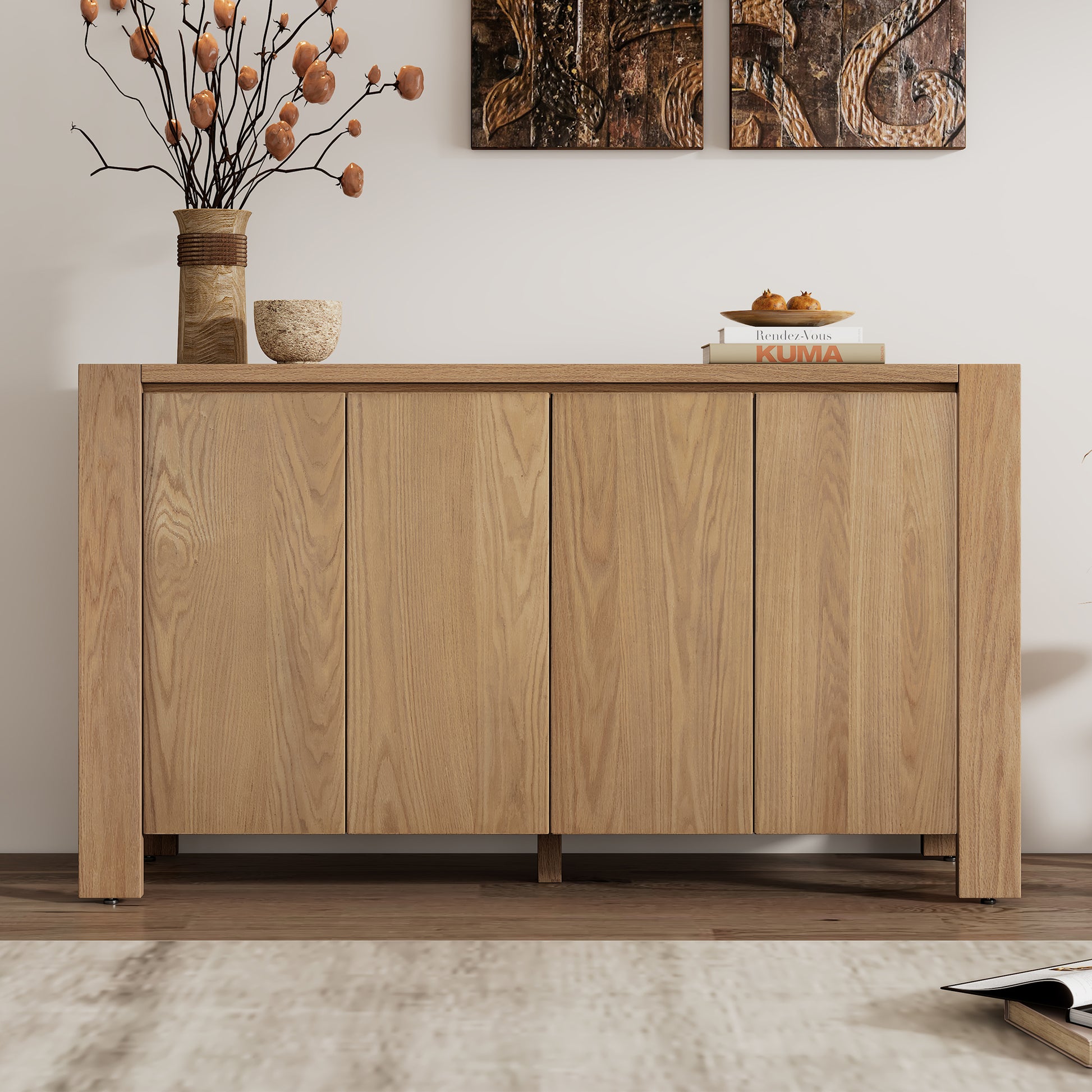 Retro 4 Door Sideboard With Distressed Finish And Adjustable Shelves For Dining Room, Kitchen, And Living Room Natural Natural Mdf,Rubber Wood