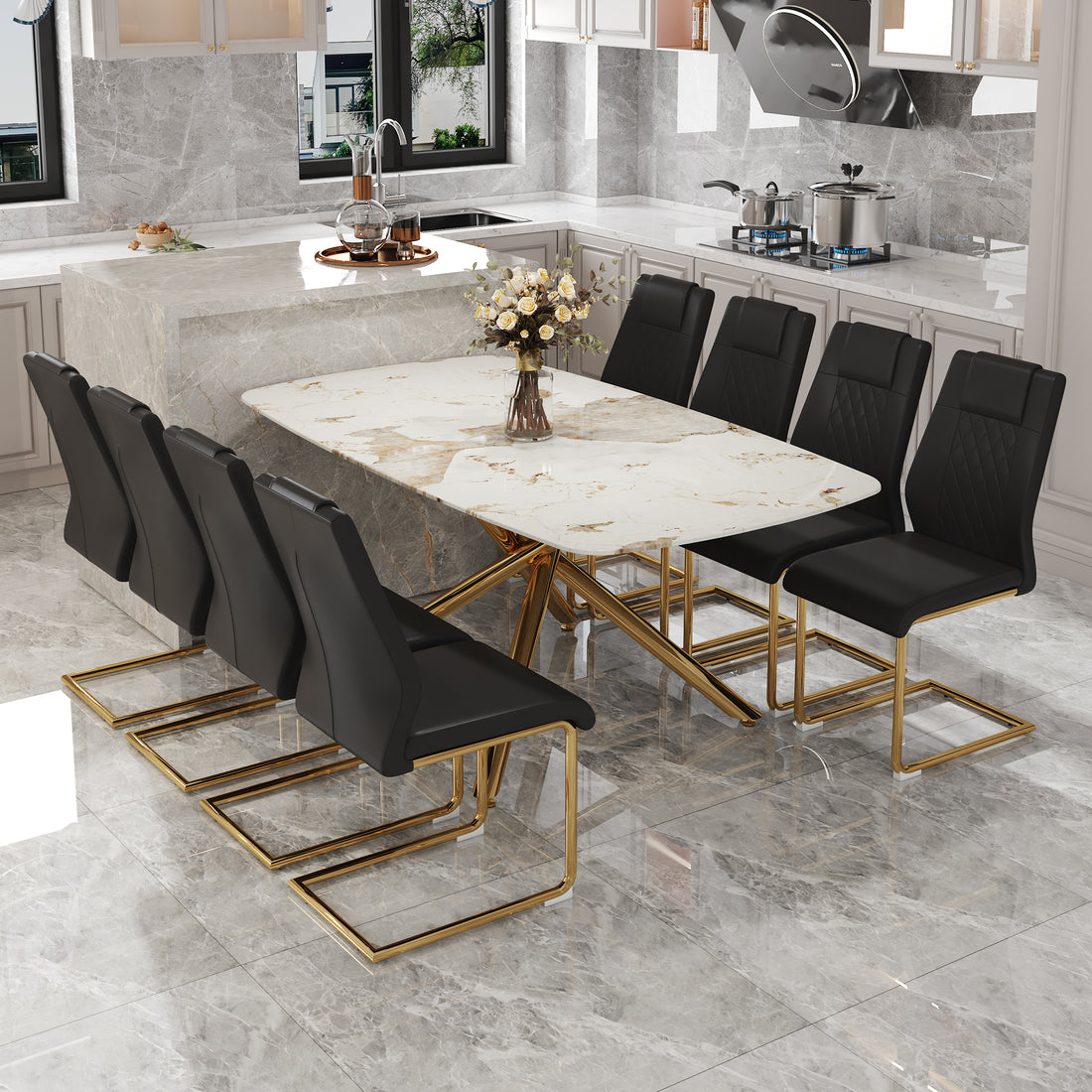 Table And Chair Set.Modern Luxurious Tempered Glass Dining Table Set With Gold Metal Legs And 8 Pu Chairs.White Marble Patterned Sticker Tabletop,Black Chairs With Gold Metal Legs. Black Gold Seats