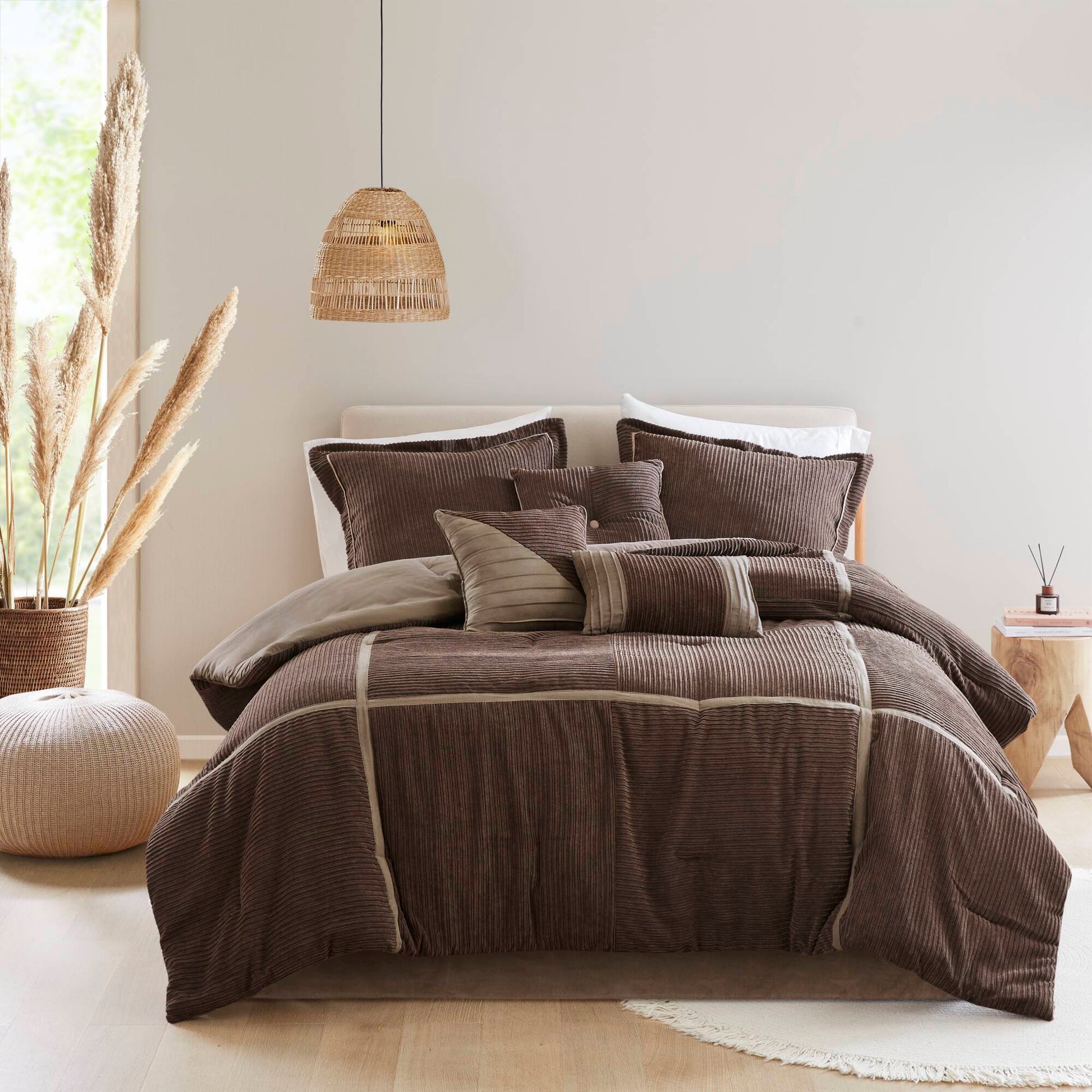 7 Piece Micro Corduroy Comforter Set Brown King Brown Polyester