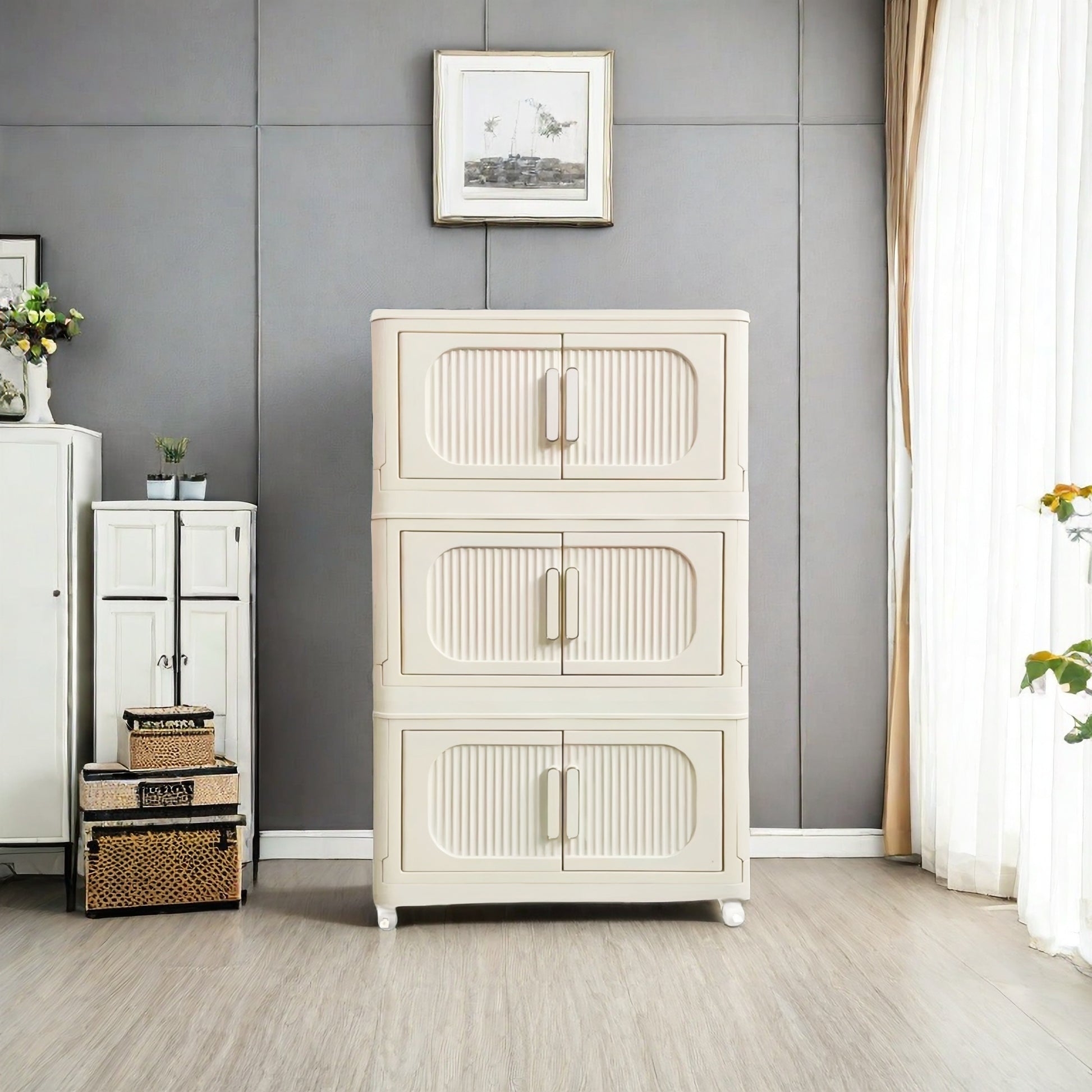 Cream White,19.69" Side Wide Folding Storage Cabinet ,4 Tiers,19.69" 11.81" 40.55",Collapsible Storage Bins With Magnetic Door, Plastic Storage Cabinet With Wheels Cream White Plastic