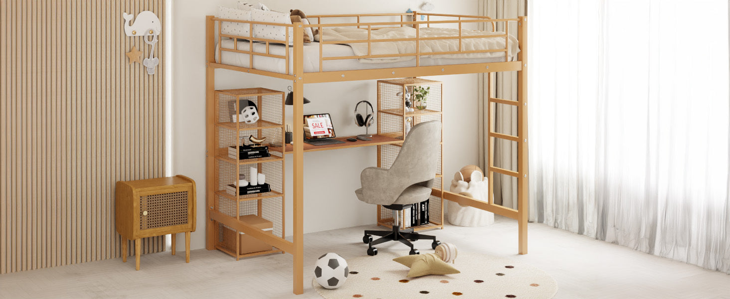 Full Size Metal Loft Bed With Built In Desk And Shelves, Gold Brown Box Spring Not Required Full Brown Gold Metal Bedroom Mdf Metal