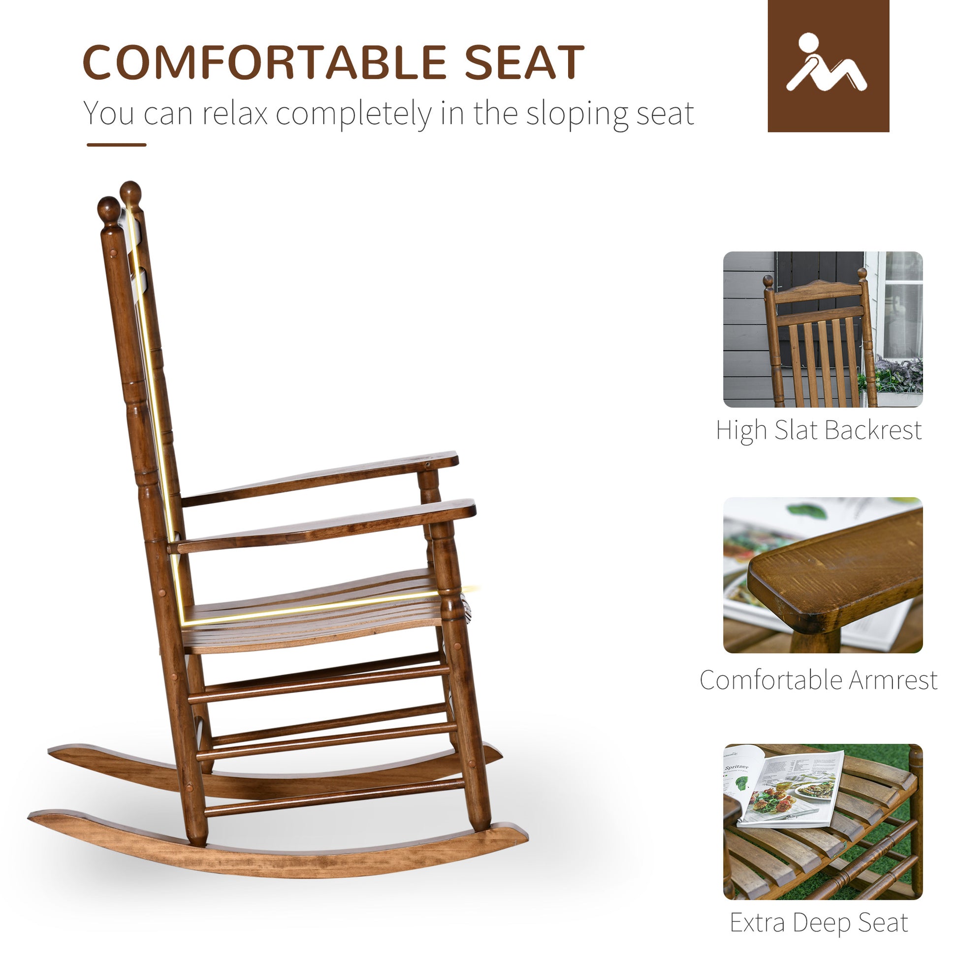 Outsunny Traditional Wooden High Back Rocking Chair For Porch, Indoor Outdoor, Brown Brown Wood