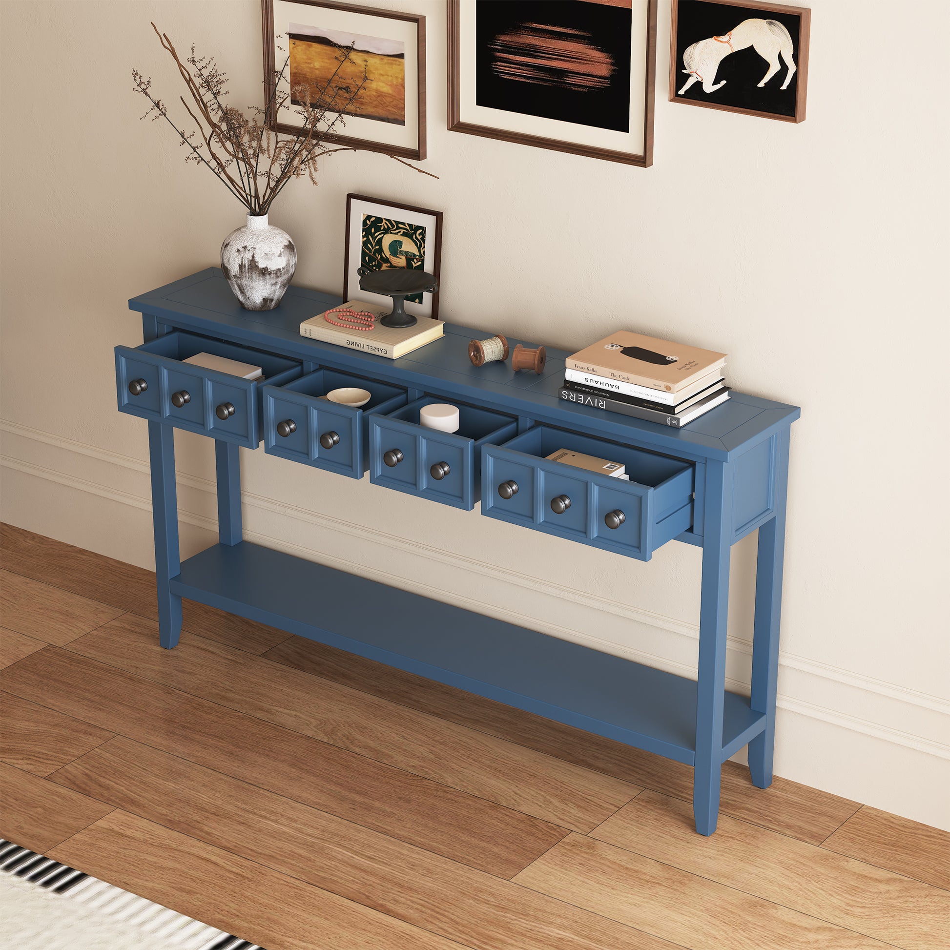 Rustic Entryway Console Table, 60" Long Sofa Table With Two Different Size Drawers And Bottom Shelf For Storage Antique Navy Antique Navy Solid Wood