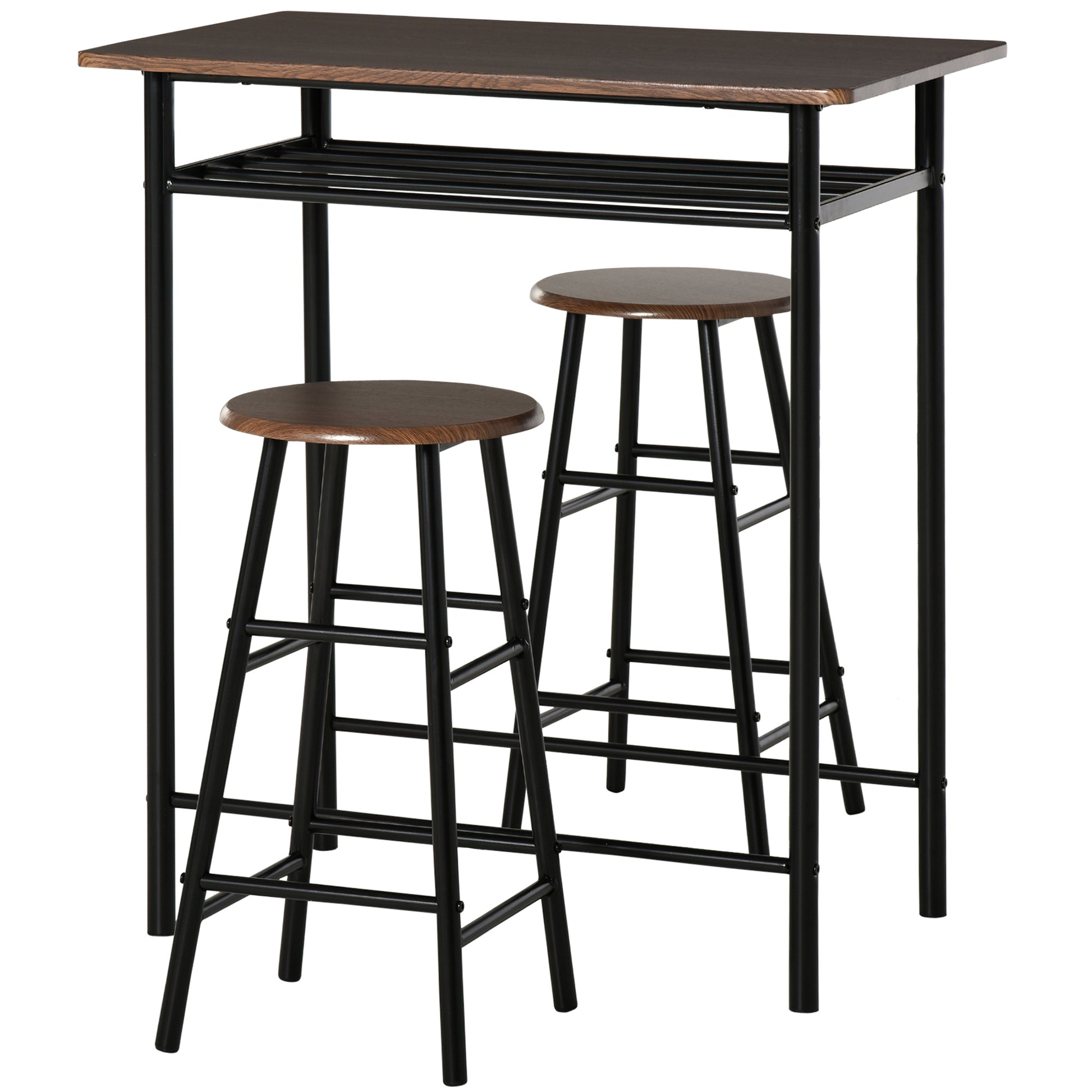 Homcom 3 Piece Counter Height Bar Table And Chairs Set, Space Saving Dining Table With 2 Matching Stools, Storage Shelf Metal Frame Footrest, Black, Brown Black Mdf