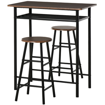 Homcom 3 Piece Counter Height Bar Table And Chairs Set, Space Saving Dining Table With 2 Matching Stools, Storage Shelf Metal Frame Footrest, Black, Brown Black Mdf