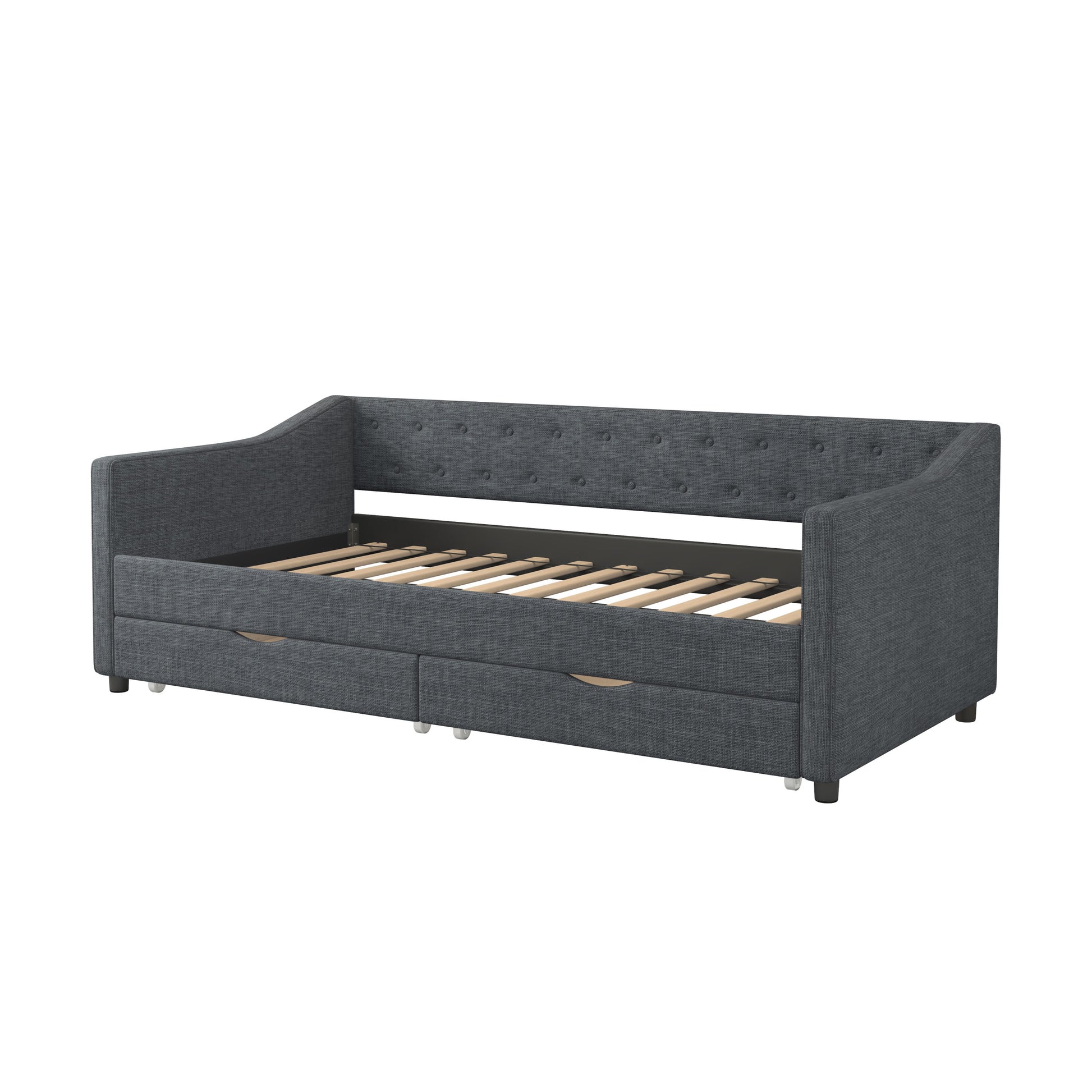 Twin Size Daybed With Drawers Upholstered Tufted Sofa Bed, With Button On Back And Piping On Waved Shape Arms Dark Grey Twin Dark Grey Wood Fabric