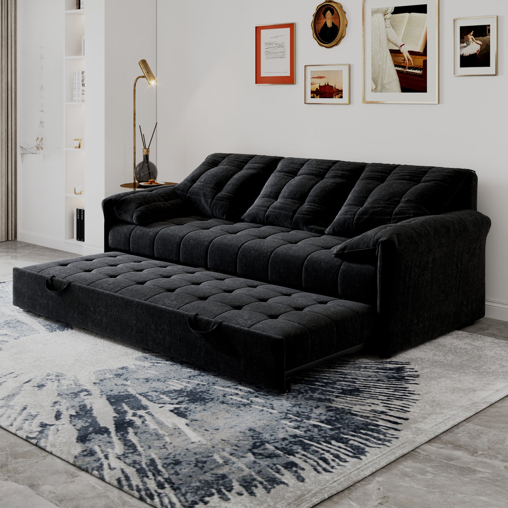 91 Inch Convertible Sofa Couch With Pull Out Couch Bed, Sleeper Sofa Bed For Living Room, Apartment, Chenille Fabric Color:Black Black Light Brown Chenille Wood Primary Living Space Cushion Back