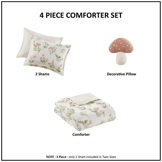 4 Pcs Mushroom Garden Comforter Set Full Queen Full Multicolor Polyester