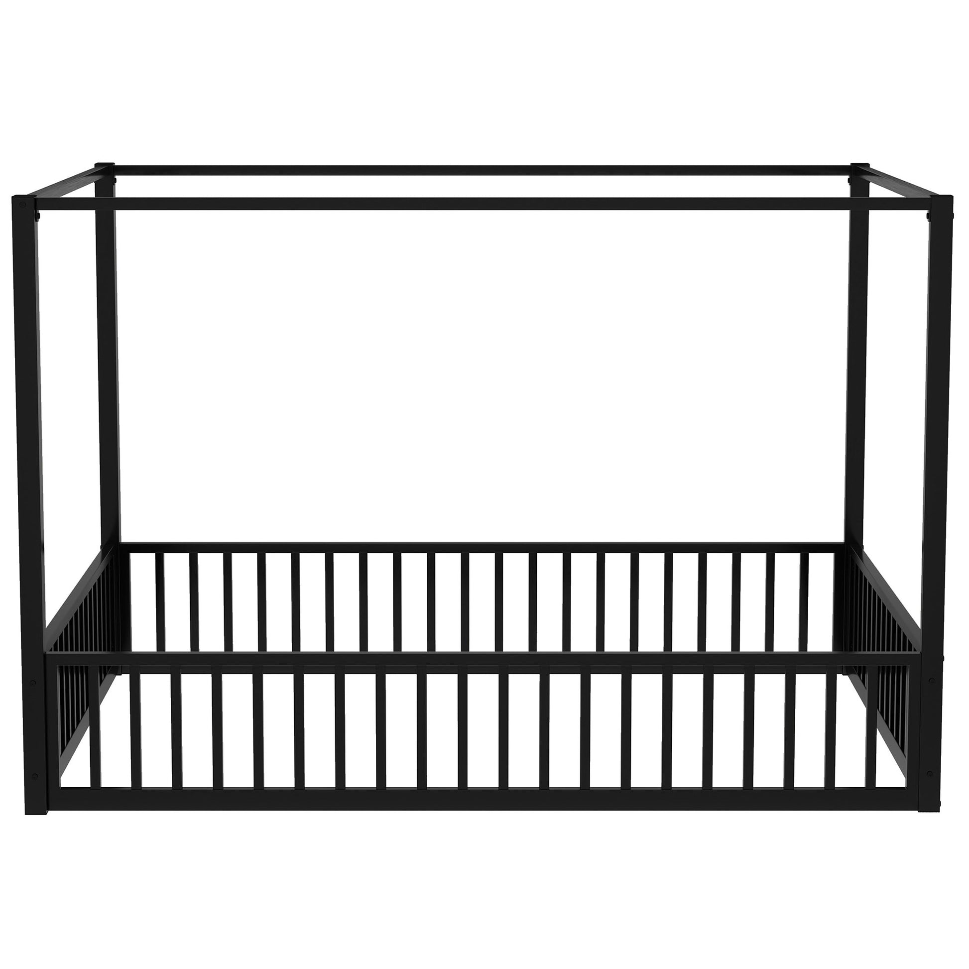 Full Size Floor Bed Frame With Wardrobe, Metal Floor Bed With Storage Shelves, Black Full Black Metal