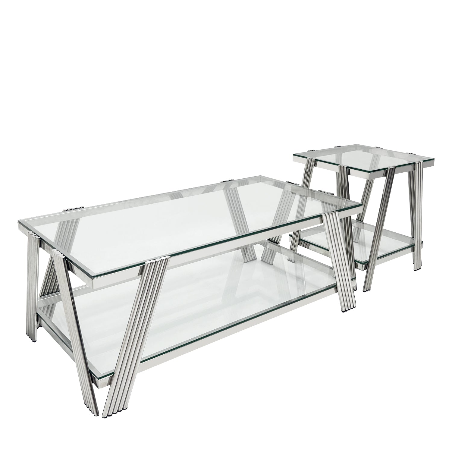 Silver Stainless Steel Double Layer Clear Tempered Glass Coffee Table For Bed Room, Living Room Clear,Silver Modern Rectangular Stainless Steel,Tempered Glass