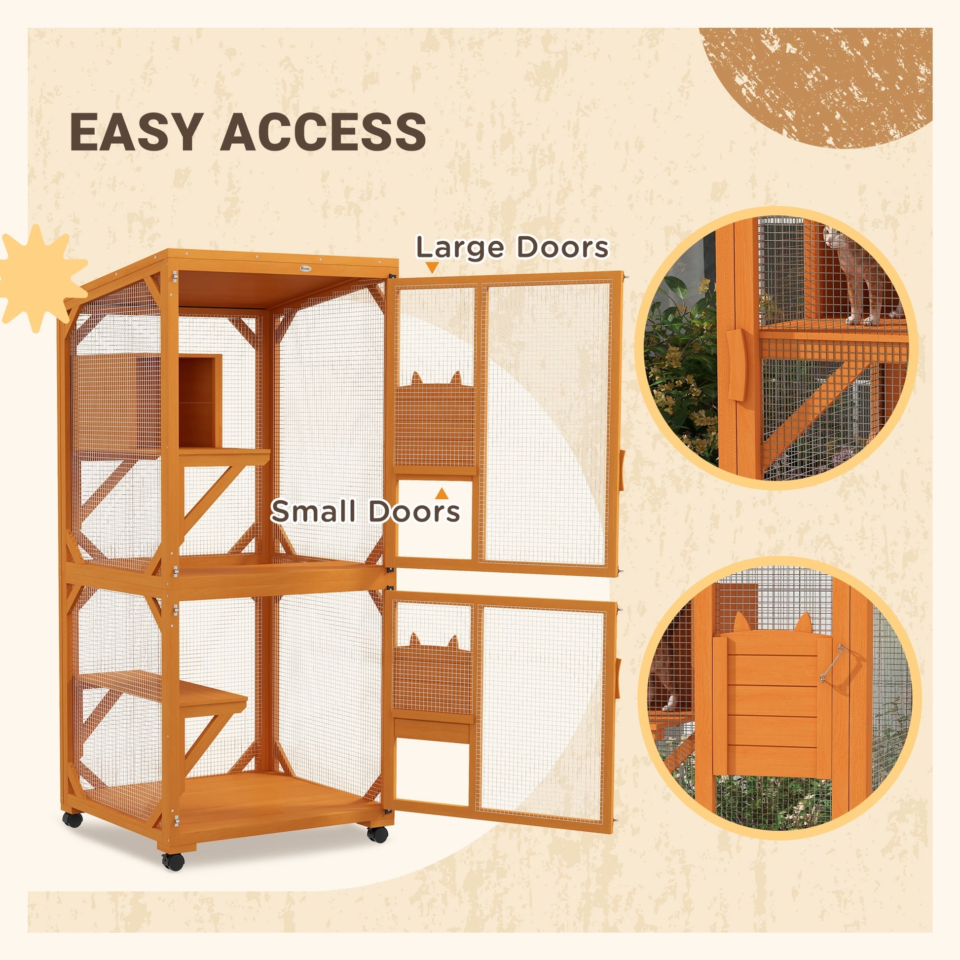 Pawhut Large Cat House With High Up Resting Box, 71" Wooden Catio With Asphalt Roof, Indoor & Outdoor Cat Enclosure On Wheels, For 1 3 Cats, Orange Orange Wood