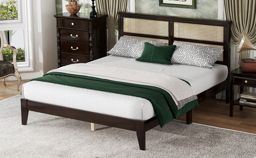 Queen Size Rubber Wooden, Solid Wooden Bed With Rattan Headboard, Enhanced By Support Feet,Espresso Queen Espresso Rubber Wood