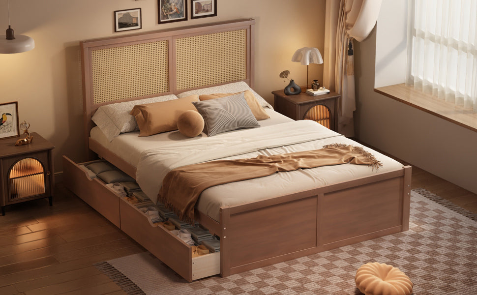 Queen Size Wood Storage Platform Bed With 4 Drawers, Rattan Headboard, Espresso Box Spring Not Required Queen Antique Espresso Wood Bedroom Bed Frame Wood Rattan