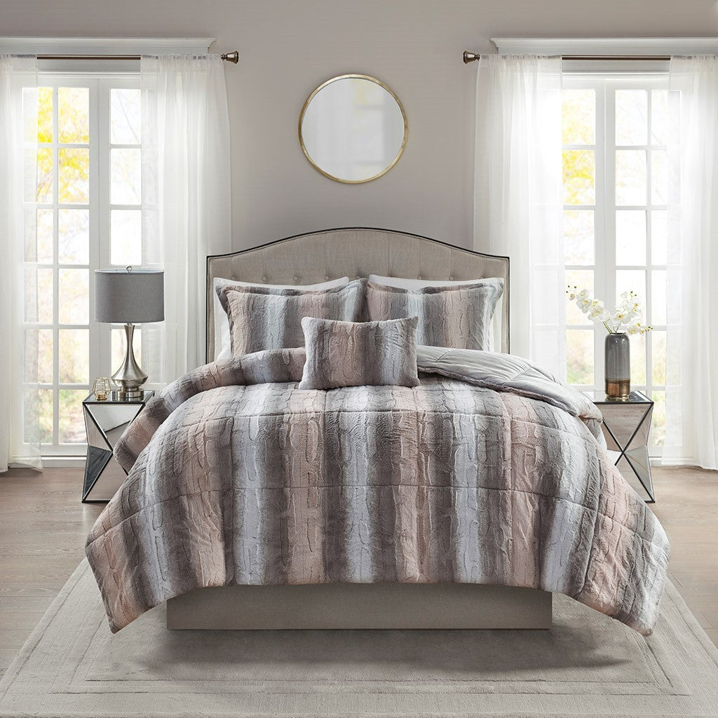 4Pc Faux Fur Comforter Set Queen Multicolor Polyester