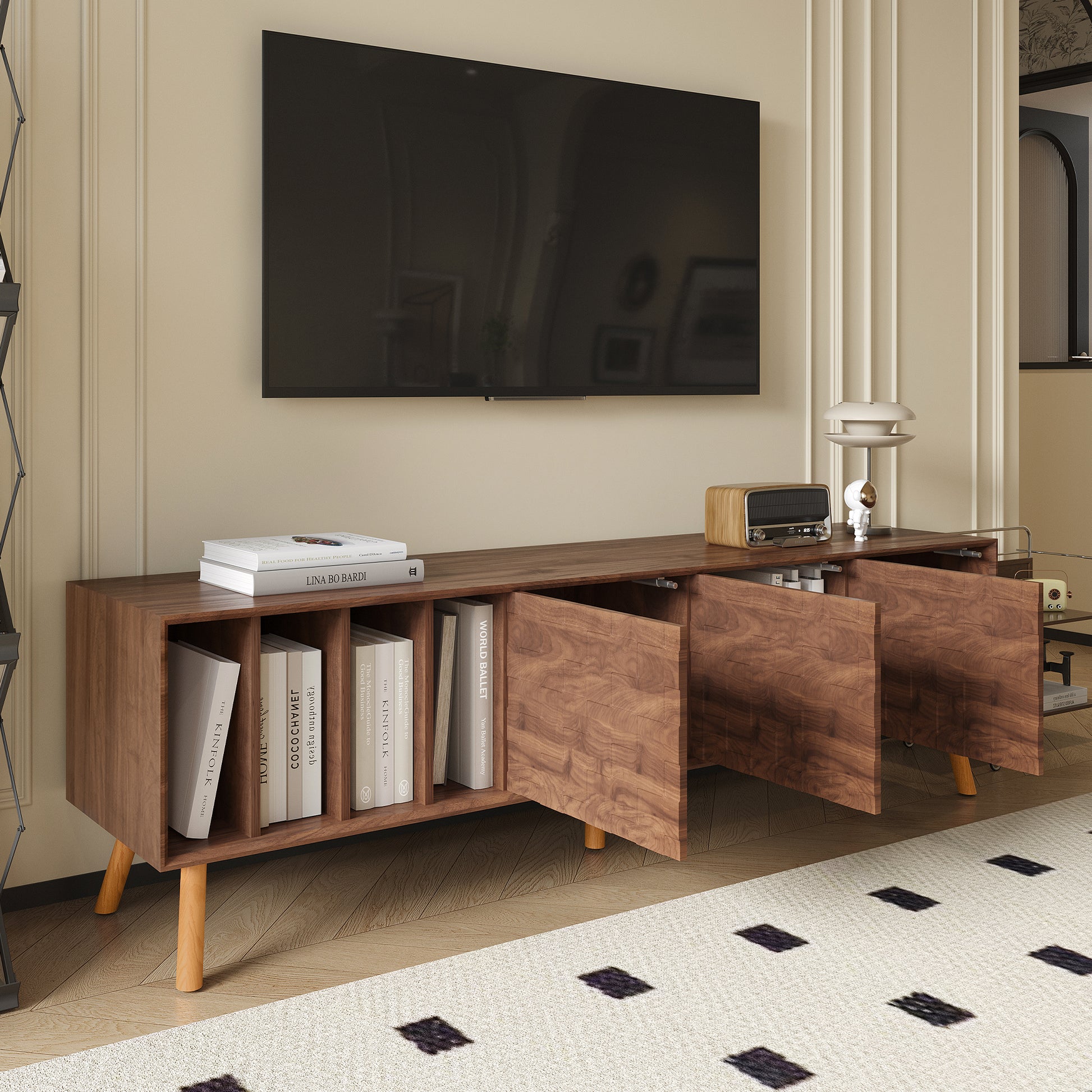 70" Mid Century Modern Tv Stand, Media Console Table For Tvs Up To 80'', Entertainment Center With 5 Solid Wood Legs For Living Room, Bedroom Walnut Primary Living Space 70 79 Inches 70 79 Inches
