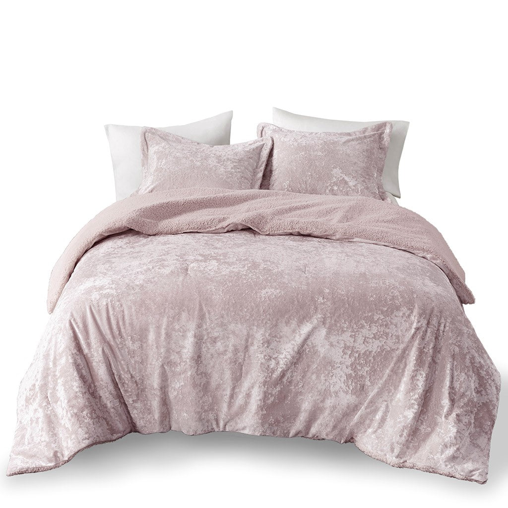 Crushed Velvet Sherpa Reversible Comforter Set King Light Purple Polyester