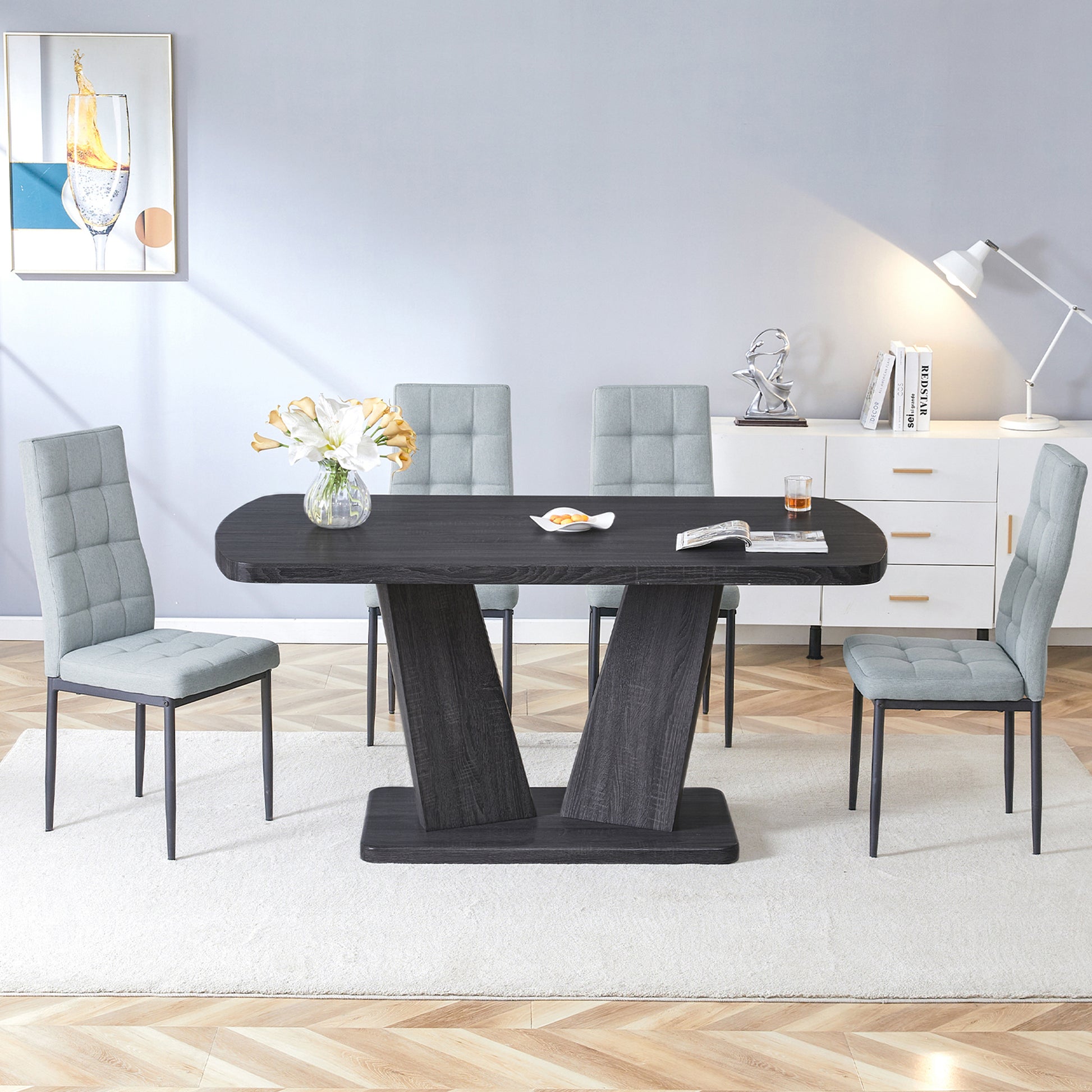 5 Piece Dining Table Set, 1.8" Thickness Tabletop And V Shaped Table Legs, 63 Inch Modern Kitchen Dining Table And Upholstered Dining Chairs For Kitchen Dining Room Table 4 Chairs Metal Gray Dining Room Classic,Mid Century Modern,Modern Rectangular Mdf