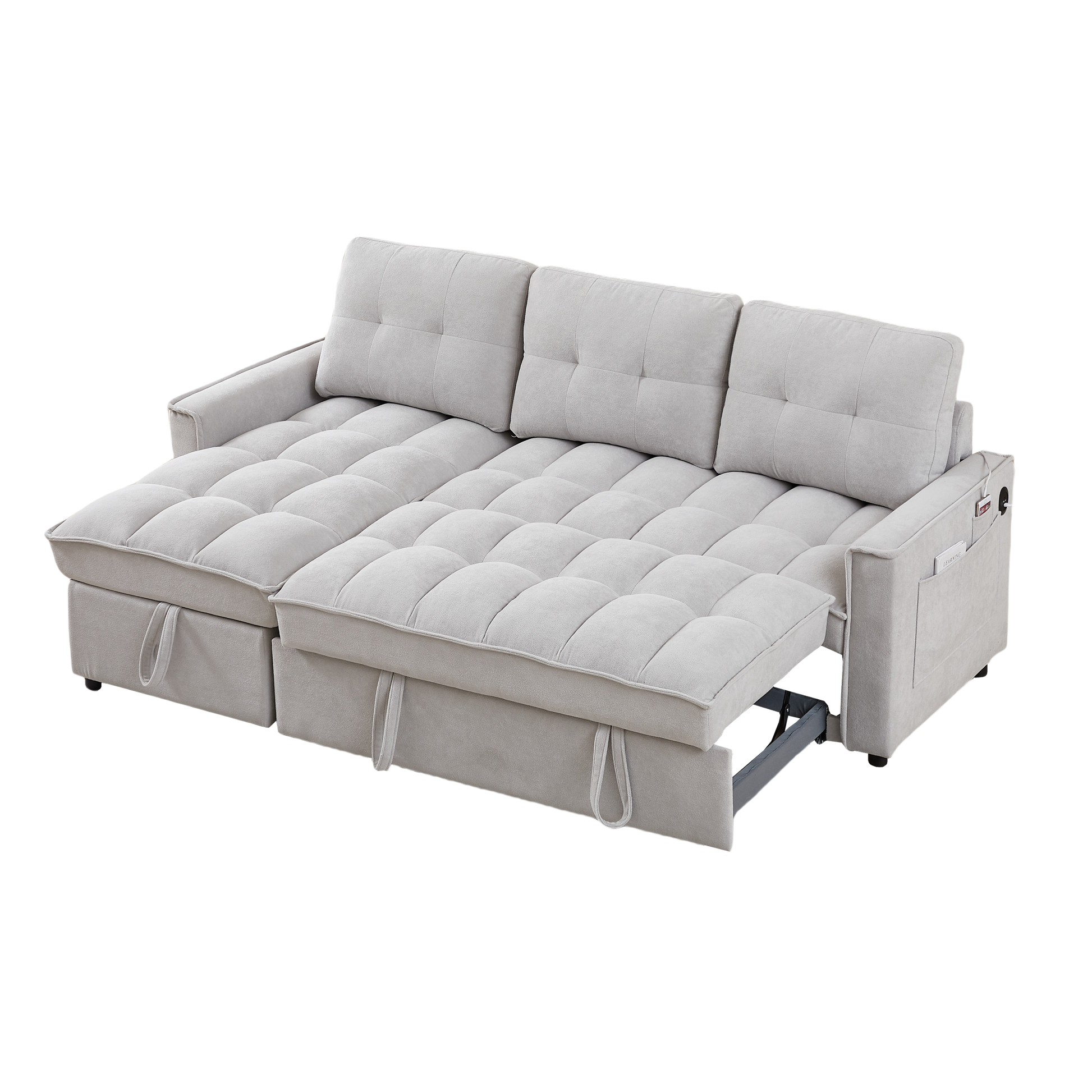 Mh 78.75" Reclining Sofa, Pull Out Sofa Bed With Usb And Tape C Charging Ports, L Shaped Sectional Sofa With Reclining Storage And Arm Side Organizer Pocket Features, Living Room Comfort Sofa Light Grey Chenille Wood Primary Living Space Eucalyptus Foam