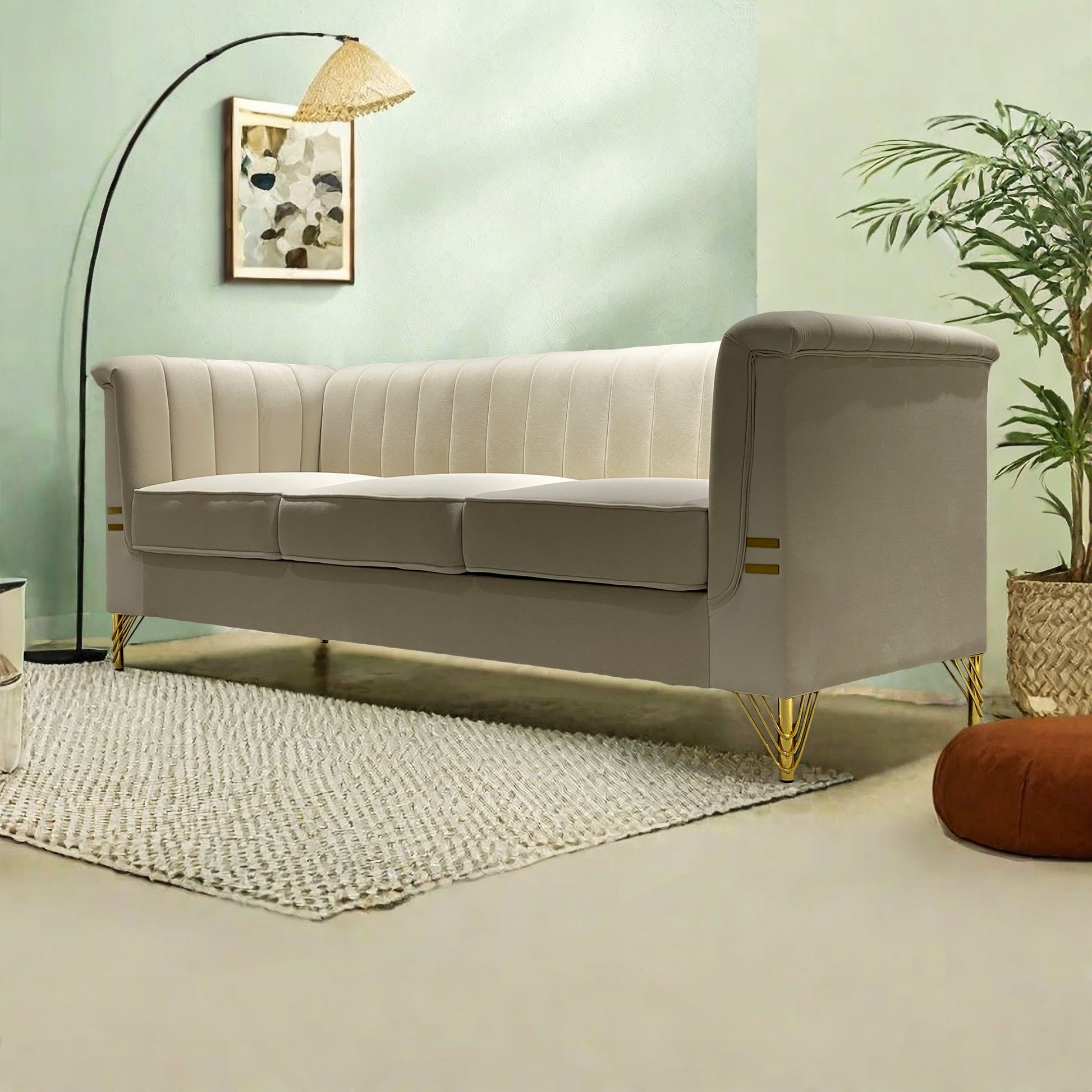 Fx P82 Be Sofa Modern Chenille Sofa, 82.67" Upholstered Couch With Bolster Armrest, 3 Seat Sofa For Living Room, Bedroom, Office, Apartment, Dorm, Beige Beige Velvet 3 Seat