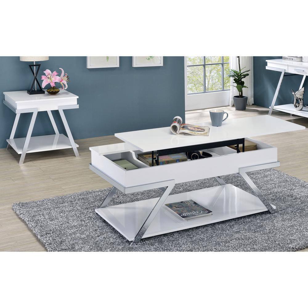 Contemporary Style White 1Pc Coffee Table Lift Top Design High Gloss Finish Chrome Frame Living Room Furniture White Primary Living Space Antique,Classic,Contemporary,Modern,Transitional Drawers Rectangular Coffee & End Tables Steel