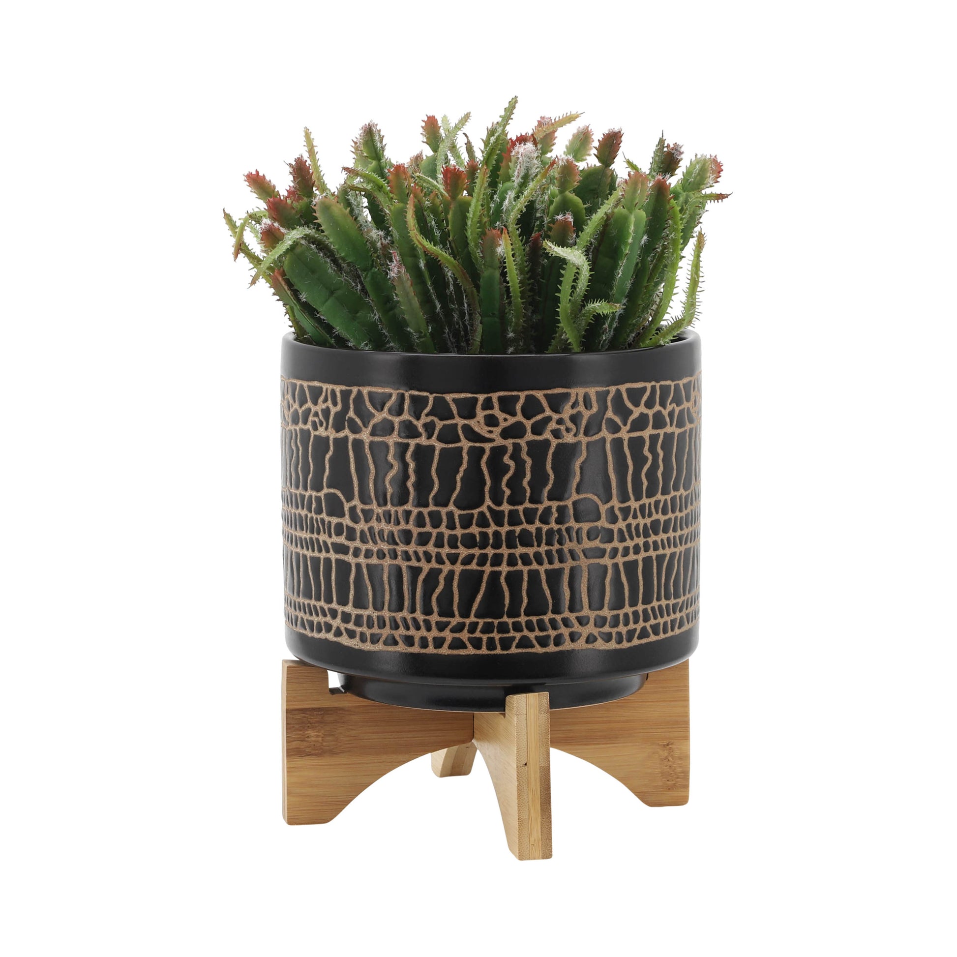 S 2 5 8" Glazed Planter W Stand, Black Black Ceramic