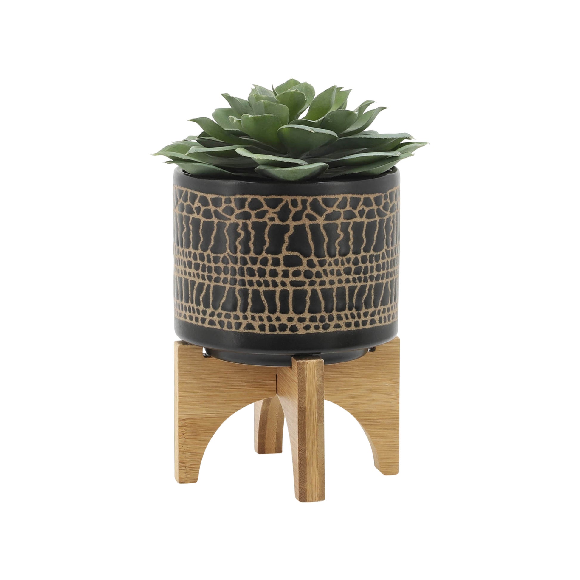 S 2 5 8" Glazed Planter W Stand, Black Black Ceramic