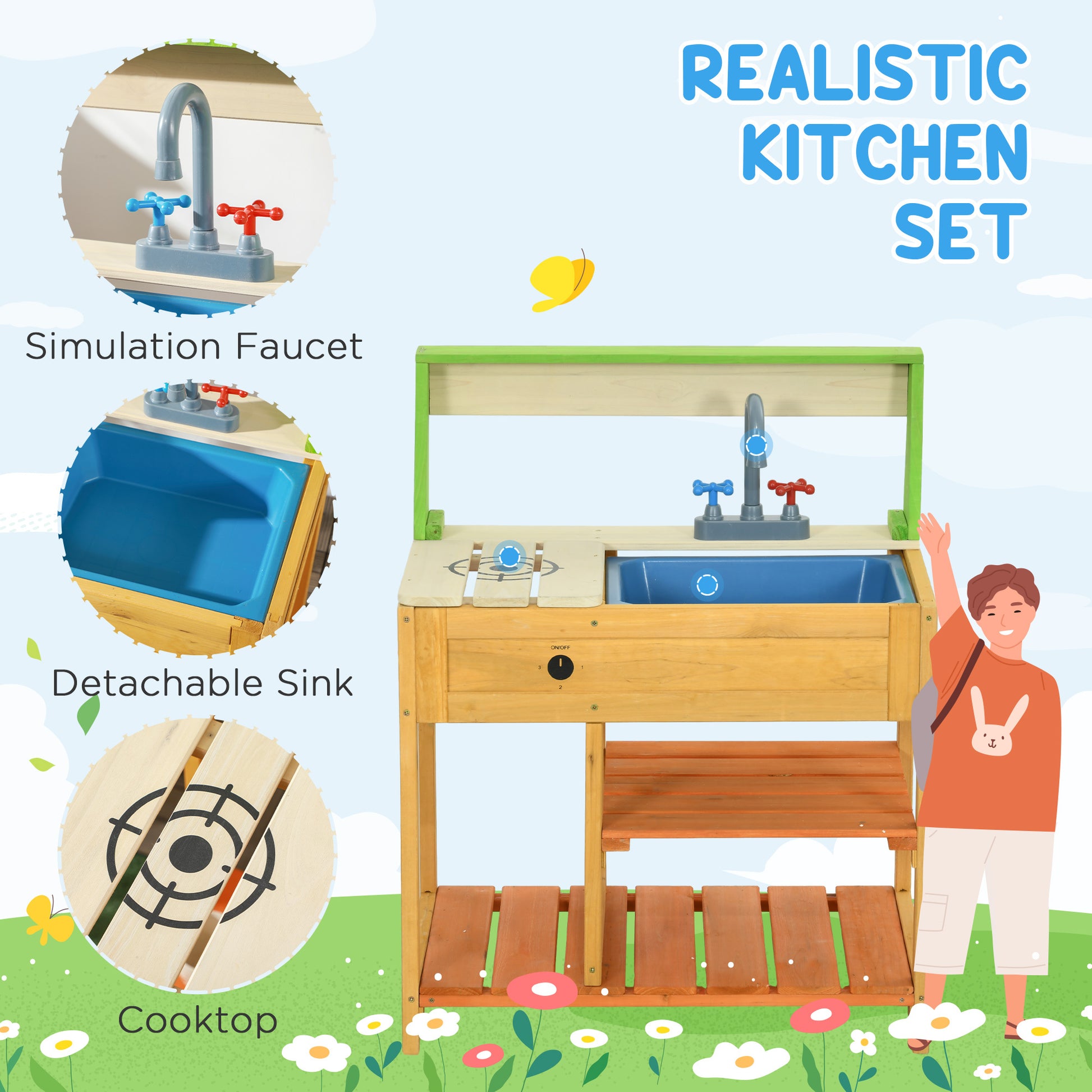 Outsunny Mud Kitchen Outdoor Kitchen Playset For Kids Wooden With Realistic Play Kitchen Toys, Faucet And Sink, Storage Shelves, Gift For Girls And Boys Aged 3 8 Years Old Colorful Wood