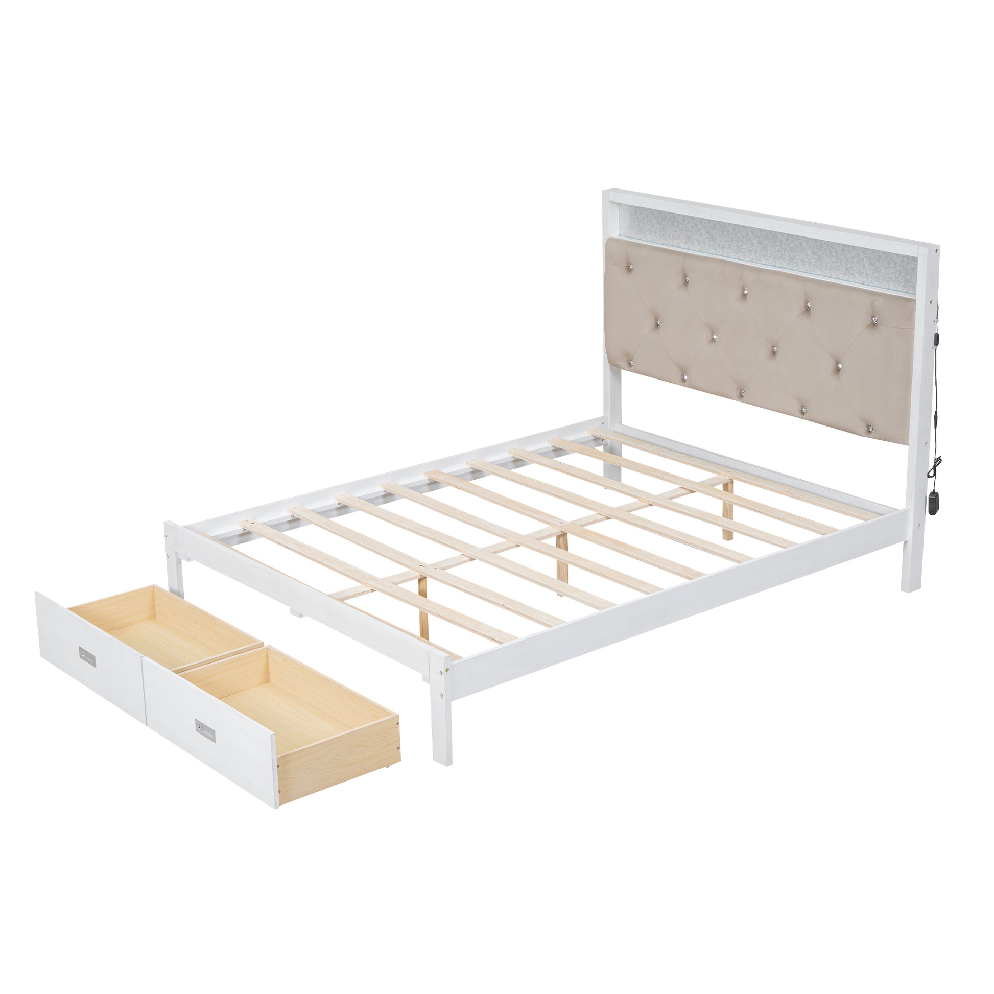 Wood Queen Size Platform Bed With Upholstered Headboard And Led And 2 Drawers, Antique White Box Spring Not Required Queen Antique White Wood Bed Frame Solid Wood Mdf