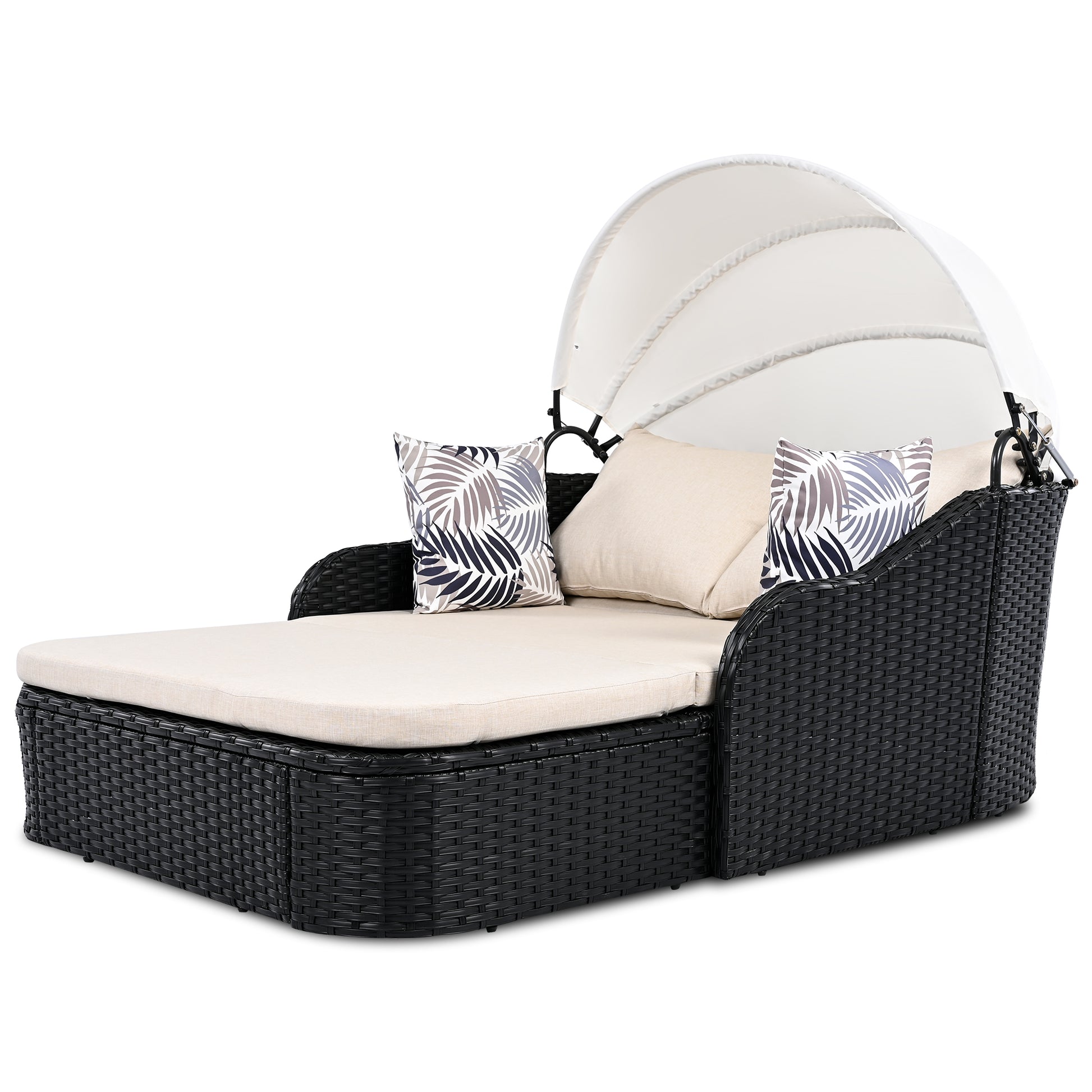 79.9" Outdoor Sunbed With Adjustable Canopy, Double Lounge, Pe Rattan Daybed, Black Wicker And Beige Cushion Yes Beige Black Wicker