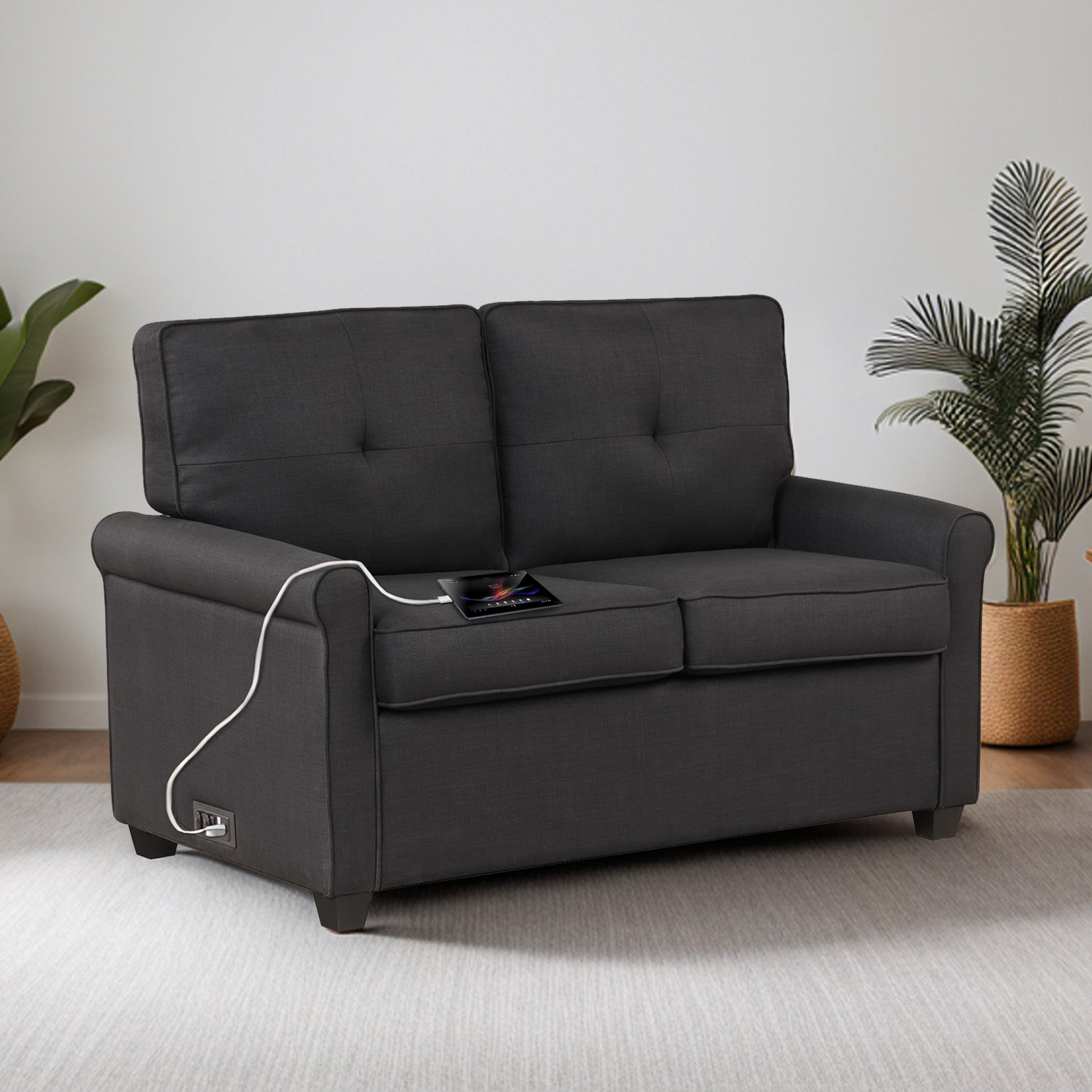 Fashion Pull Out Sofa Bed With Mattress, Fabric Antique Black Brown Polyester Wood Soft Cushion Back Extra Heavy Duty American Traditional Rubberwood Square Arms Memory Foam And Polyurethane Foam Polyester 2 Seat