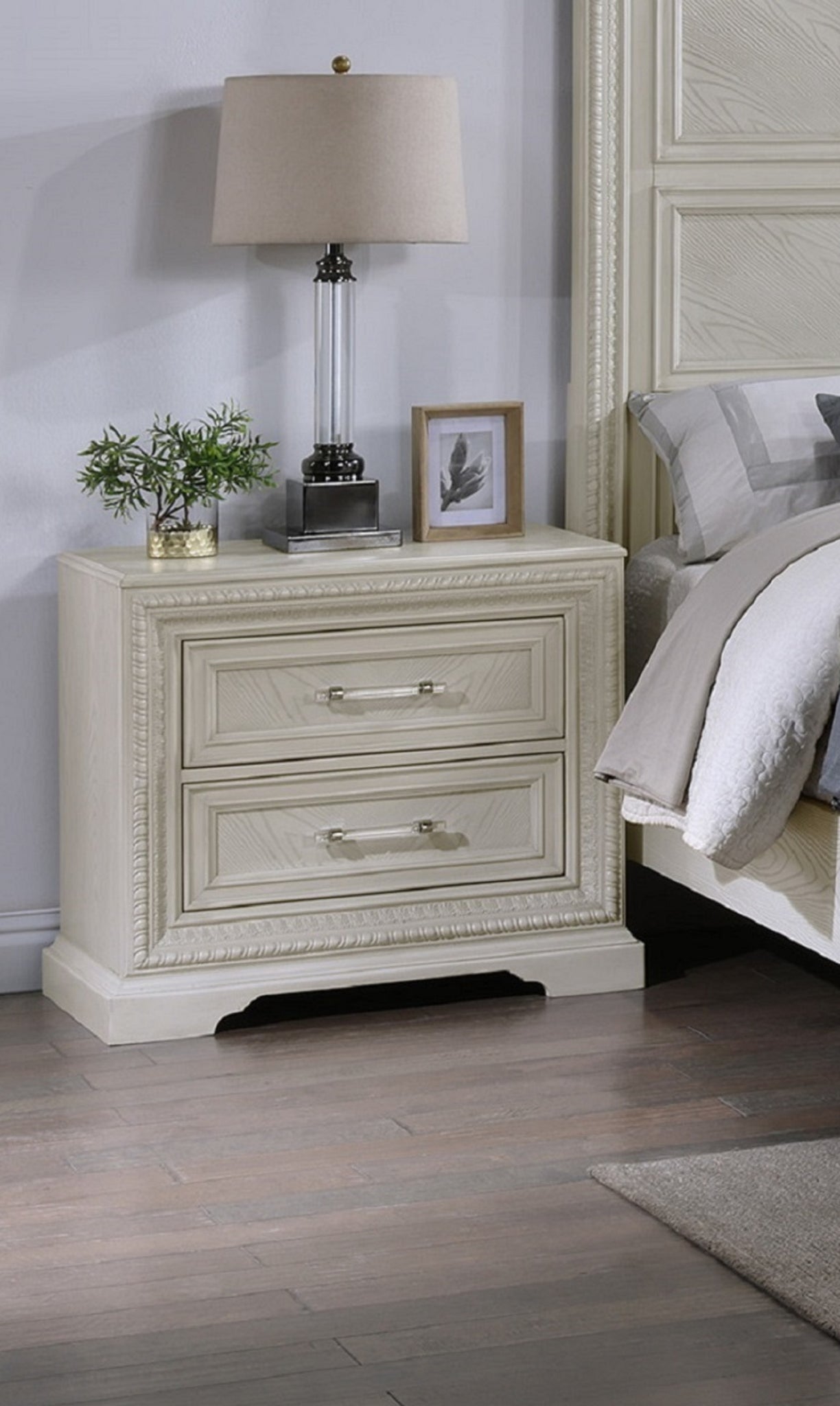 Beautiful Transitional Style 1Pc 2 Drawer Nightstand White Cream Finish Wooden Home Bedroom Furniture Cream White 2 Drawers Bedroom Bedside Cabinet Transitional Wood