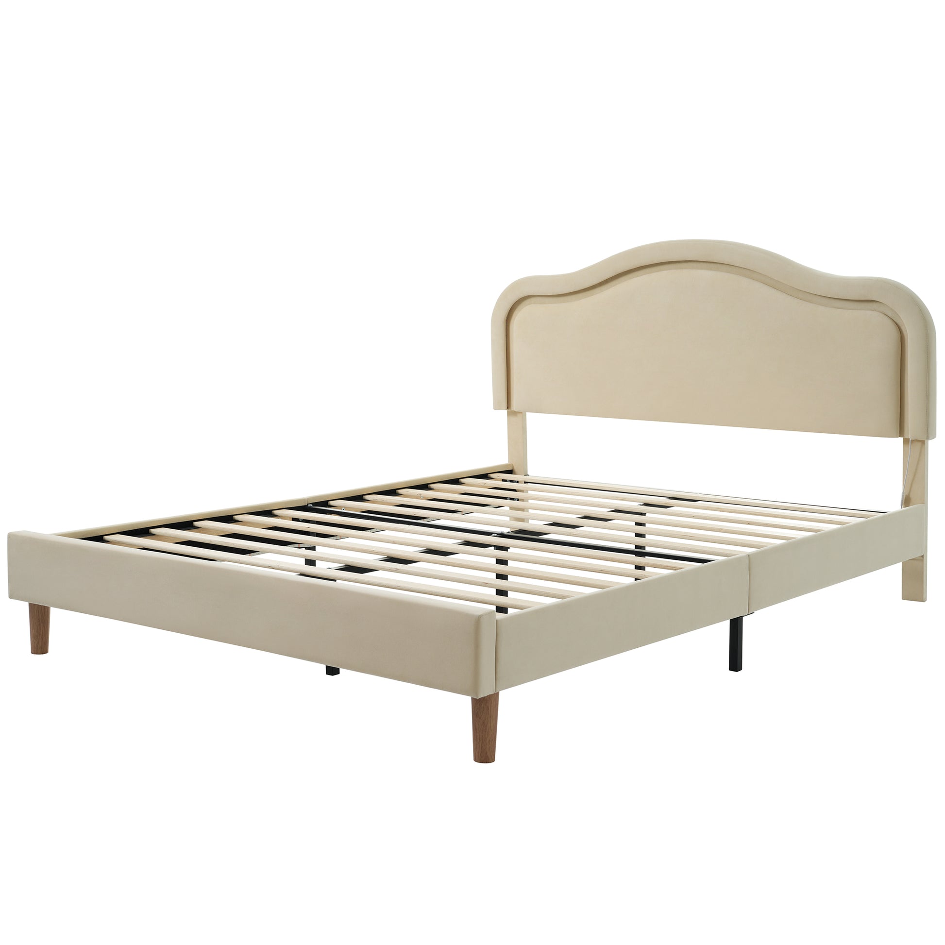 Queen Size Velvet Upholstered Smart Led Bed Frame With Adjustable Height Headboard,No Box Spring Needed,Easy Assembly,Beige Box Spring Not Required Queen Beige Wood Bedroom Cute,Modern Bed Frame Wood