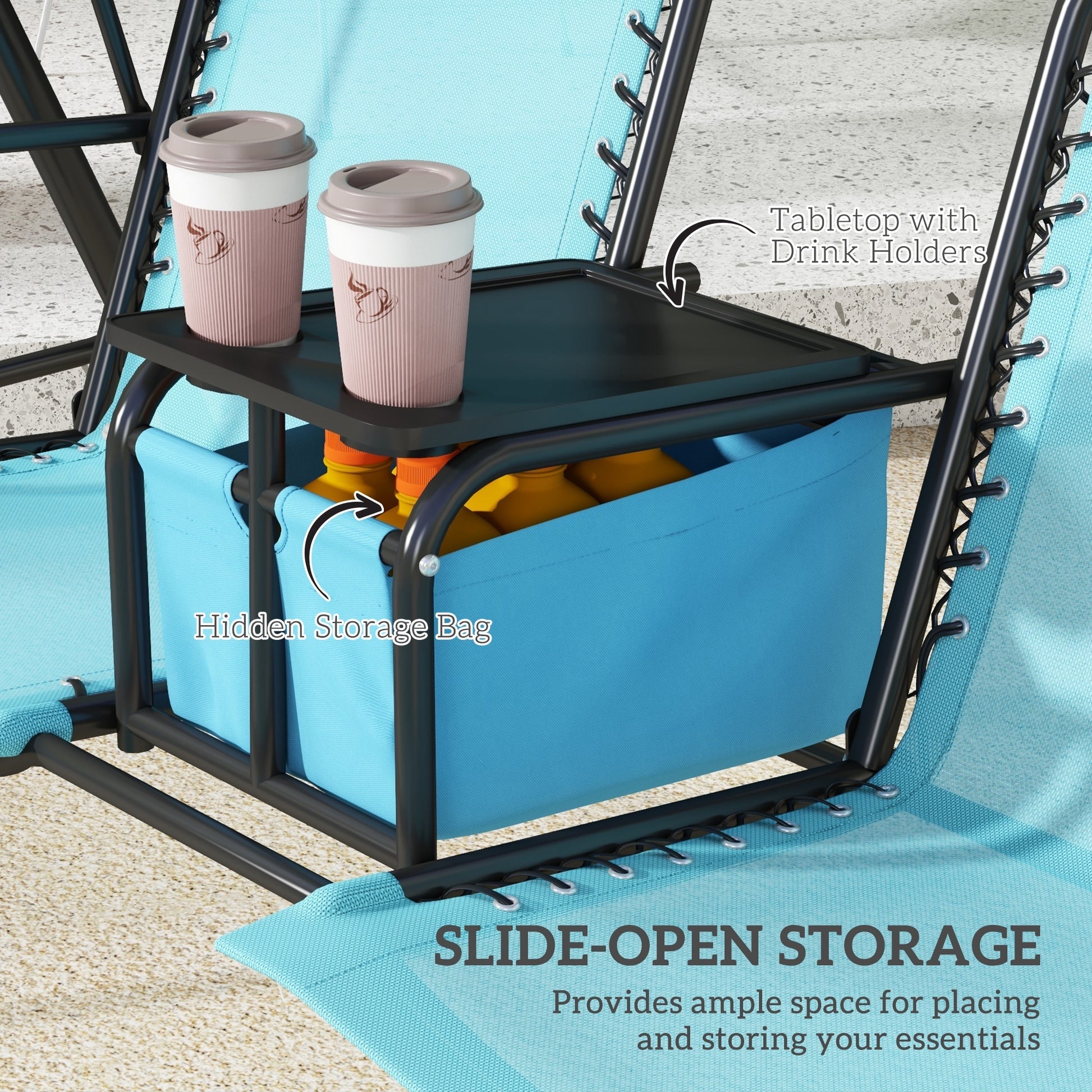 Outsunny 2 Seat Patio Swing Chair, Outdoor Canopy Swing Glider With Pivot Storage Table, Cup Holder, Adjustable Shade, Bungie Seat Suspension And Weather Resistant Steel Frame, Blue Blue Steel