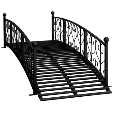 Outsunny 7' Metal Arch Garden Bridge With Safety Siderails, Decorative Arc Footbridge With Delicate Scrollwork "S" Motifs For Backyard Creek, Stream, Fish Pond, Black Black Steel