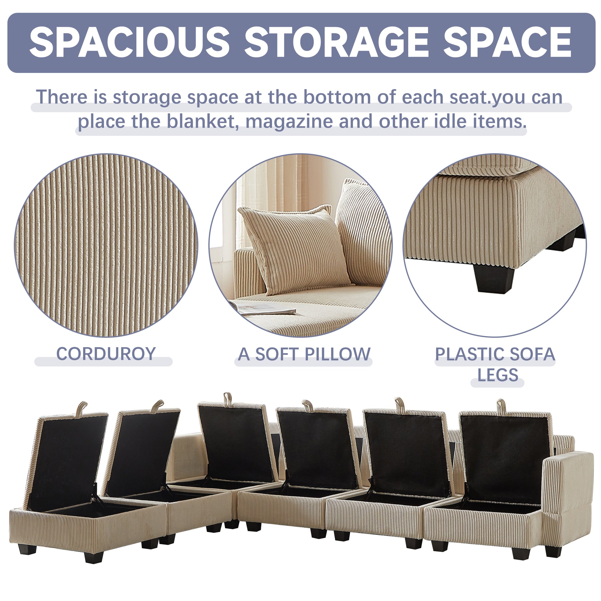 113.5'' Modular Sectiona Corduroy Sofa, Sectional Couches For Living Room U Shaped Sectional Couch With Storage Ottoman, 6 Seats Convertible Sectionals With Chaise Beige Corduroy 3 Seat