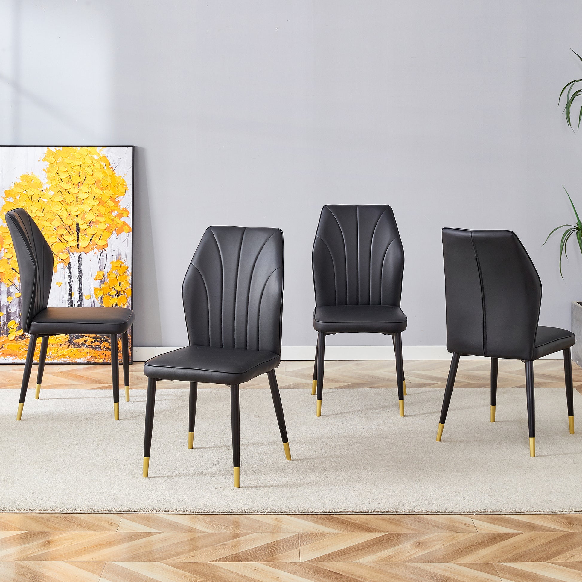 4 Modern Dining Chairs With Stylish Pu Patterned Backrest And Black Metal Legs For A Comfortable Home Experience In The Kitchen, Bedroom And Office. Black Pu