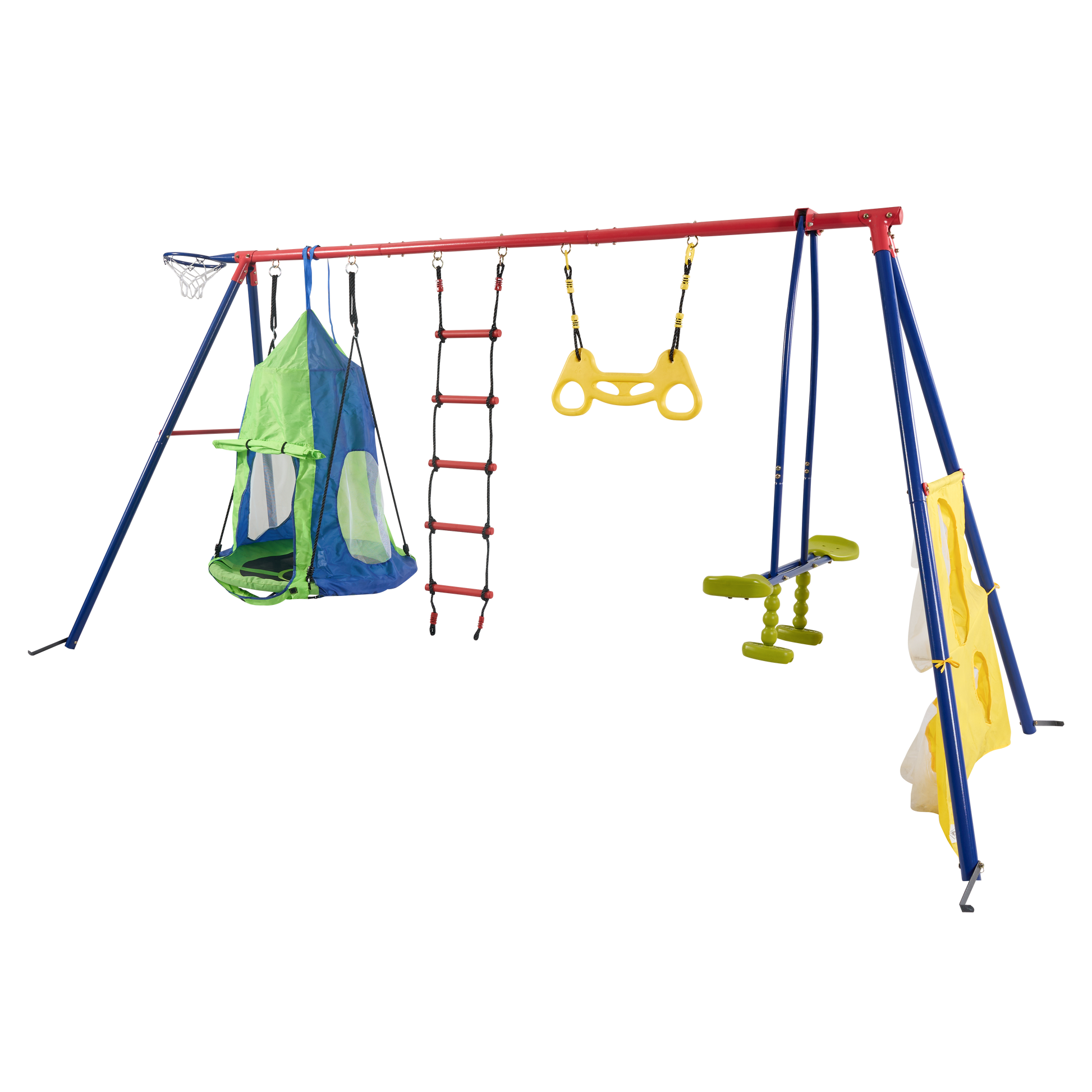 Xns092 Rinbow Colour Interesting Four Function Swingset With Net Swing And Face To Face Metal Plastic Safe Swing Seat 550Lbs For Outdoor Playground For Age 3 Blue Green Steel