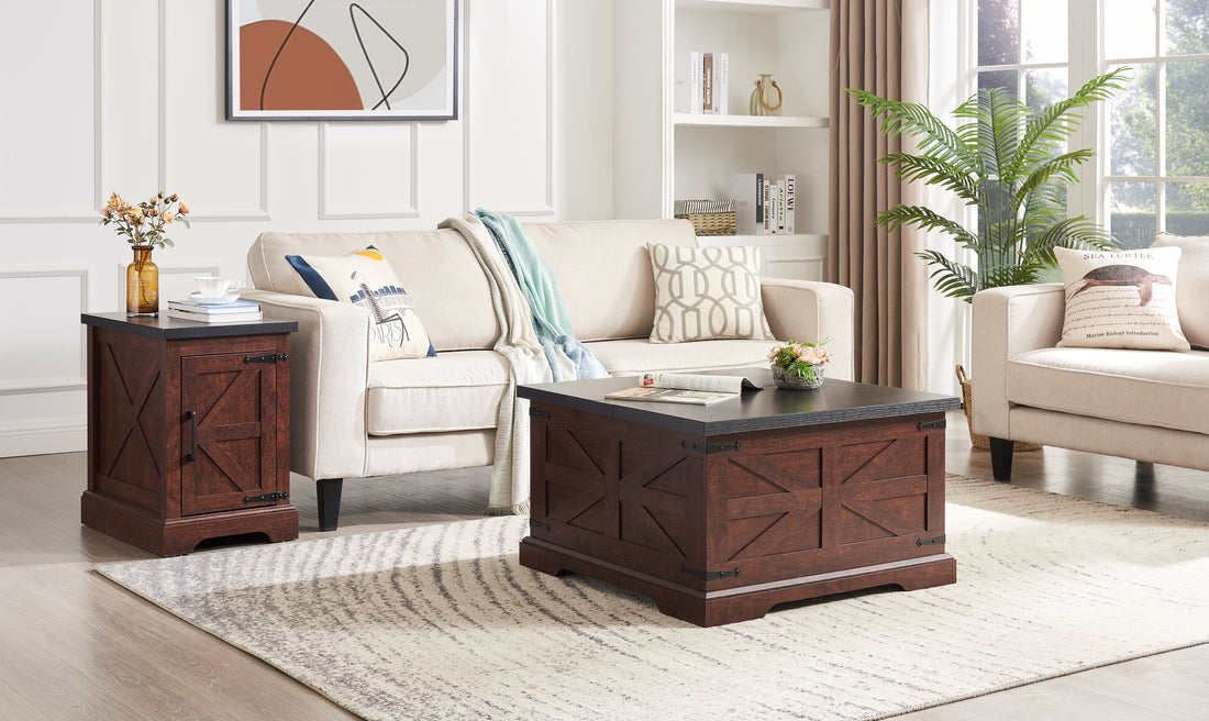 Farmhouse Coffee Table & End Table Barn Design Center Table Rustic Cocktail Table With Hinged Lift Top And End Table Oak Mdf