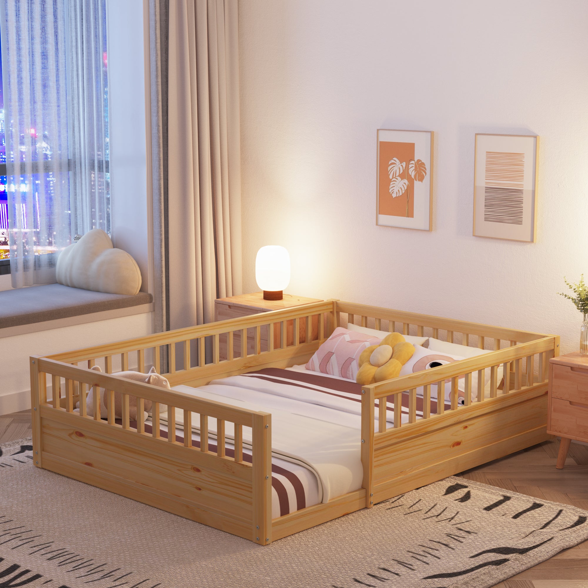 Full Floor Bed Frame With Fence, Wood Kids Floor Beds Frame For Bedroom Playroom,Natural Expect Arrive Date Jul. 10Th Full Natural Pine