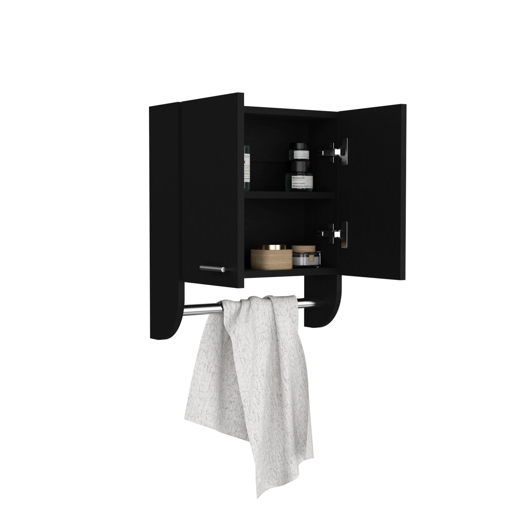 Optim Medicine Cabinet With Towel Holder 17.4" Wide Medice Cabinet Organizer With Two Interior Shelves And Tower Holder For Bathroom, Kitchen, Mudroom Black 1 2 Bathroom Wall Mounted Modern Particle