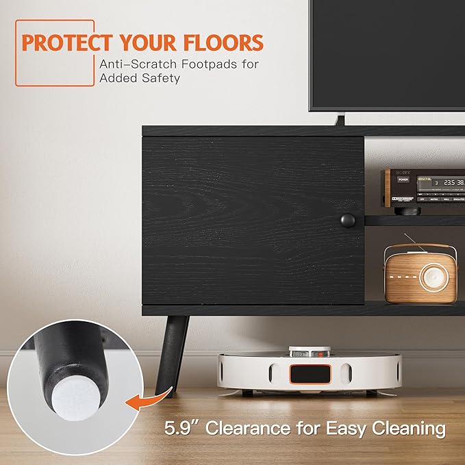 Tv Stand For 55 60 Inch Tv, Entertainment Center With Storage Cabinet, Media Console Table 2 Cabinet, Soft Hinge, Handle Door, Wooden Living Room, Office Furniture, Black Black 50 59 Inches Wood