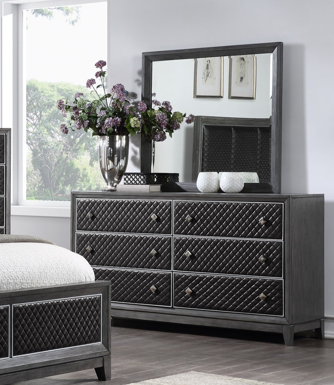 Modern Styling Bedroom 1Pc Dresser Of 6 Drawers Faux Leather Upholstered Gray Classic Design Wooden Furniture Gray Bedroom Modern Wood