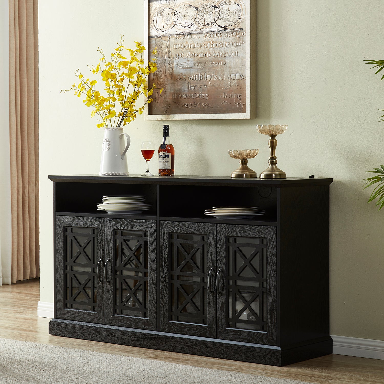 53" Tv Console Storage Buffet Cabinet Sideboard, Black Wood Grain Finish Black Dining Room Adjustabel Shelves Mdf Glass