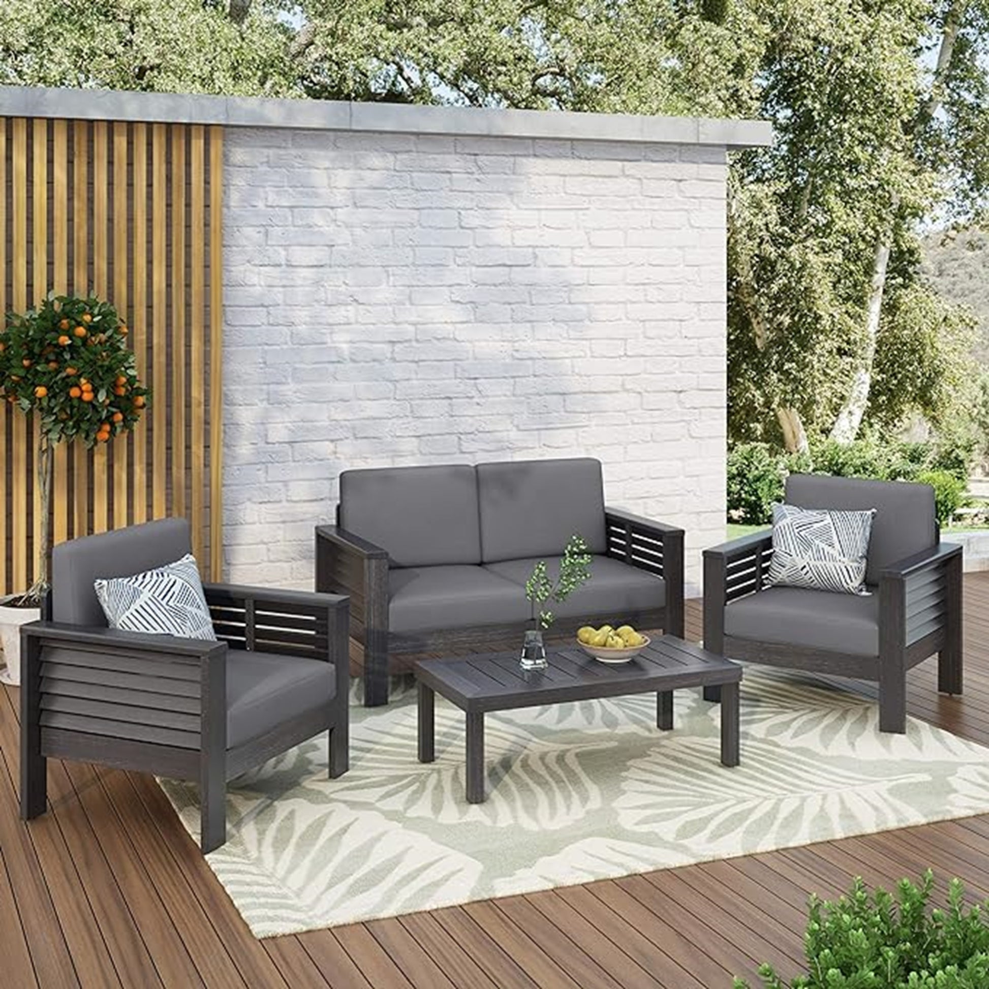 Acacia Wood Outdoor Loveseat And Coffee Table Set With Cushions, Dark Gray Yes Grey Seats 4 Sofa Seating Groups Foam Acacia Wood